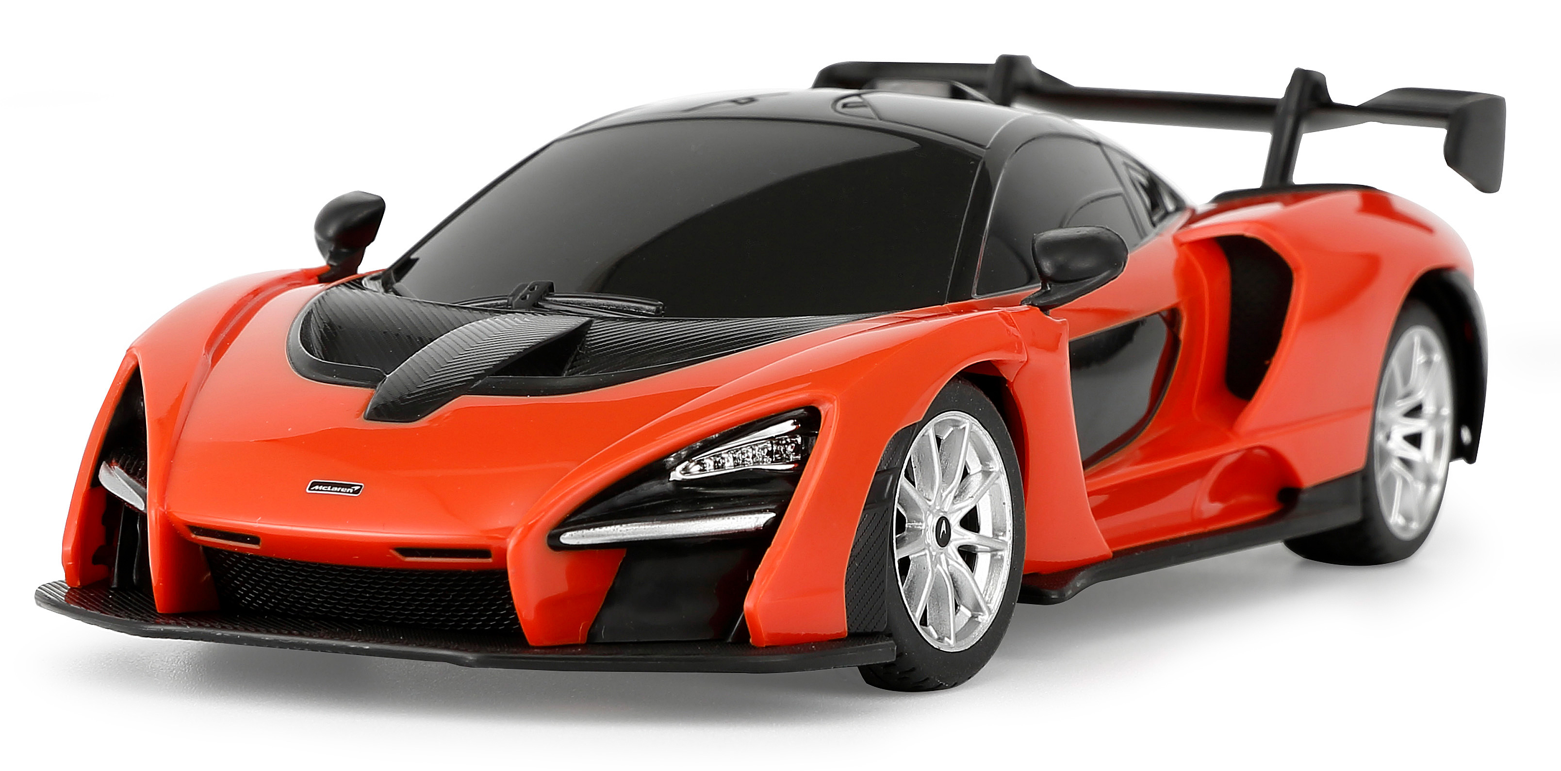Oranges McLaren-Spielzeugauto auf weißem Hintergrund. Das Auto hat schwarze Akzente und detaillierte Scheinwerfer.