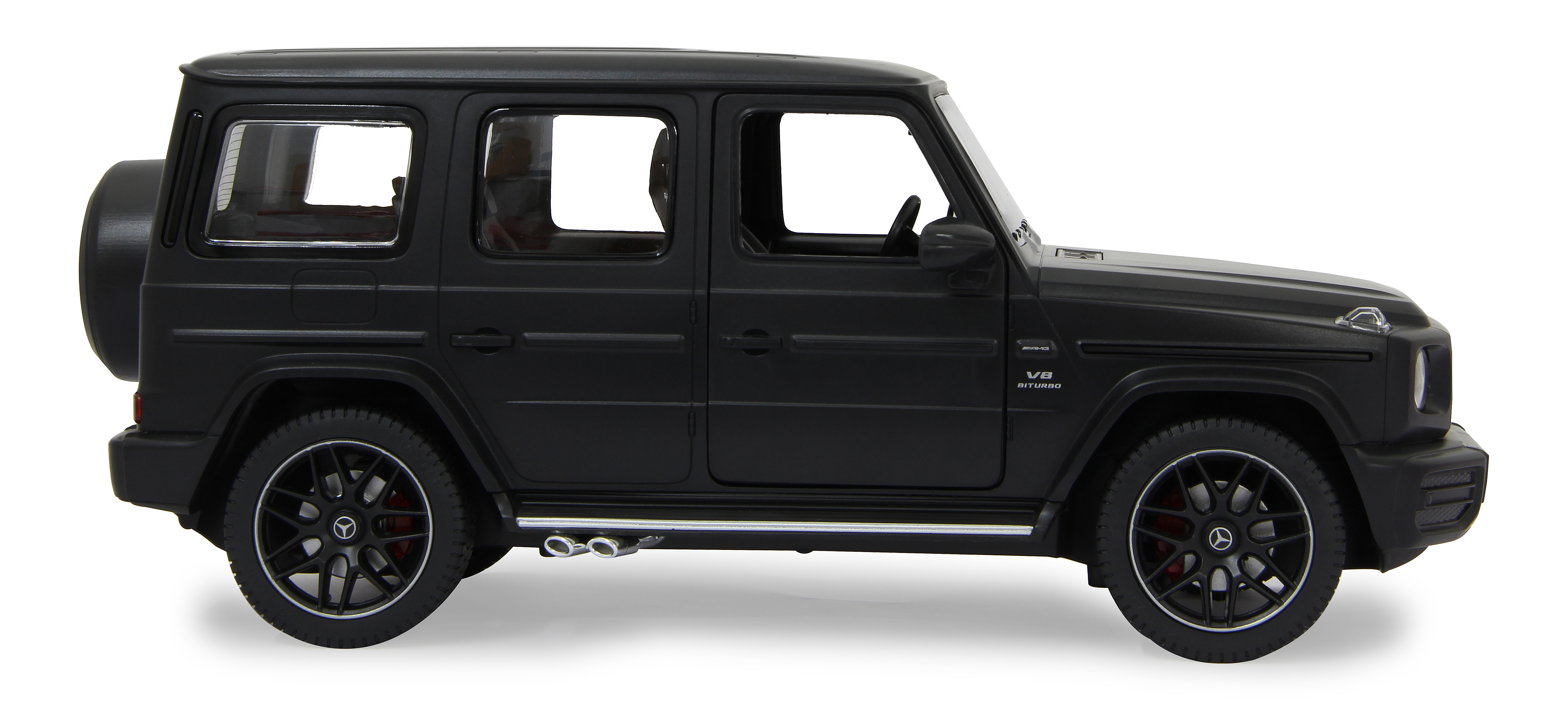 Schwarzes Mercedes-Benz G-Wagon-Spielzeugauto. Seitenansicht mit Rädern, Ersatzreifen und Details.