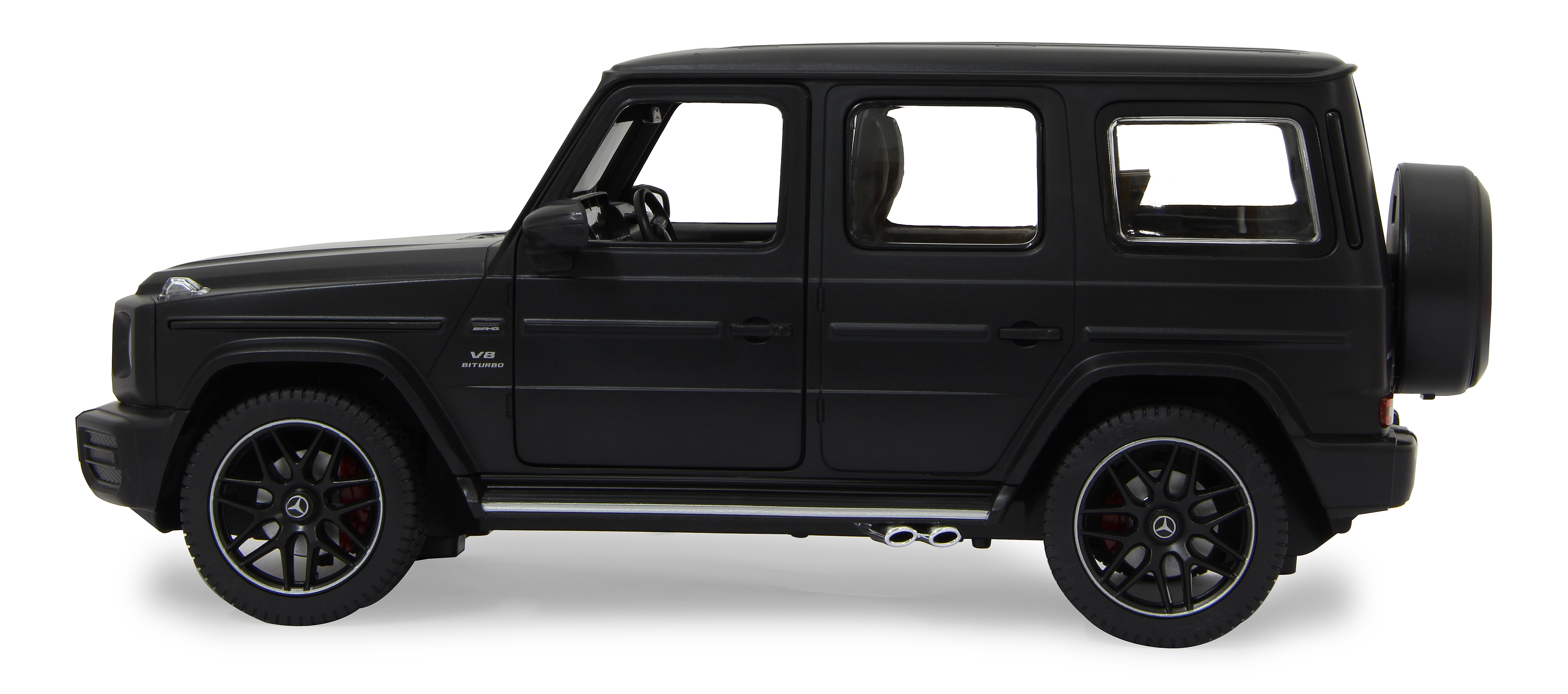 Schwarzes Mercedes-Benz G-Wagon-Spielzeugauto. Seitenansicht mit Rädern, Ersatzreifen und Details.