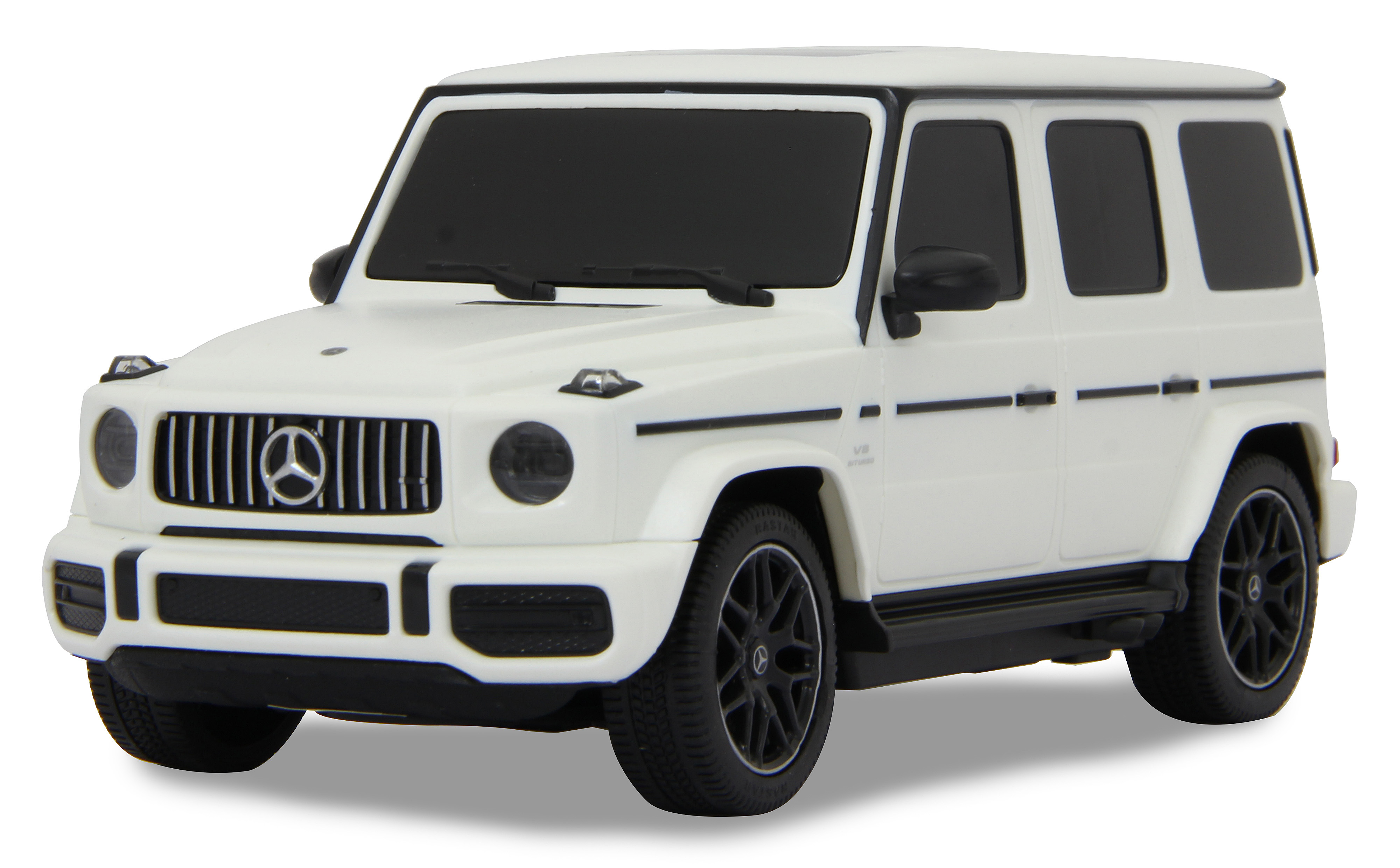 Weißes Mercedes-Benz G-Klasse Spielzeugauto mit schwarzen Rädern und schwarzem Frontgrill mit Mercedes-Logo.