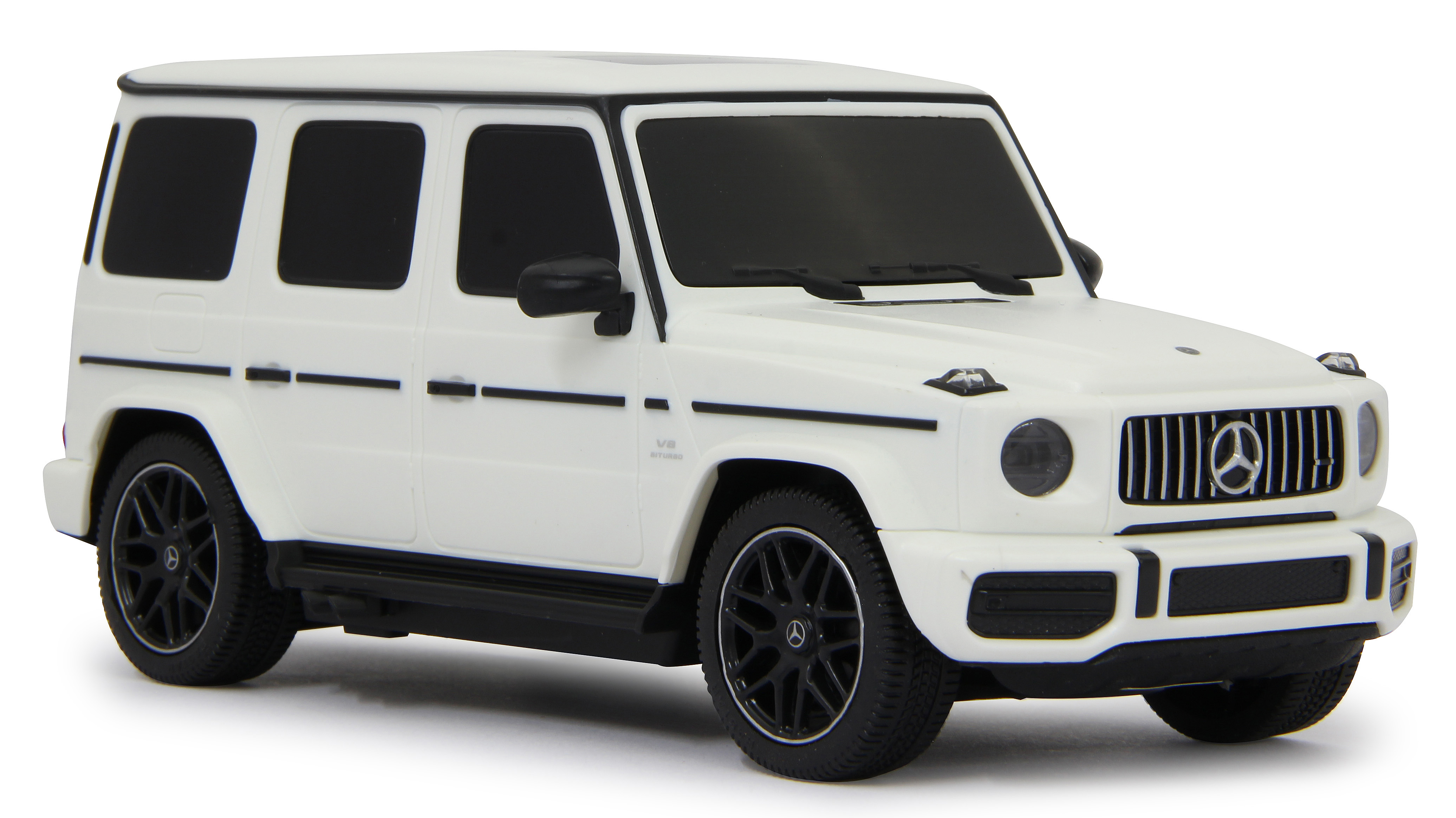 Weißes Mercedes-Benz G-Klasse Spielzeugauto mit schwarzen Rädern, schwarzen Fenstern und einem schwarzen Dach.