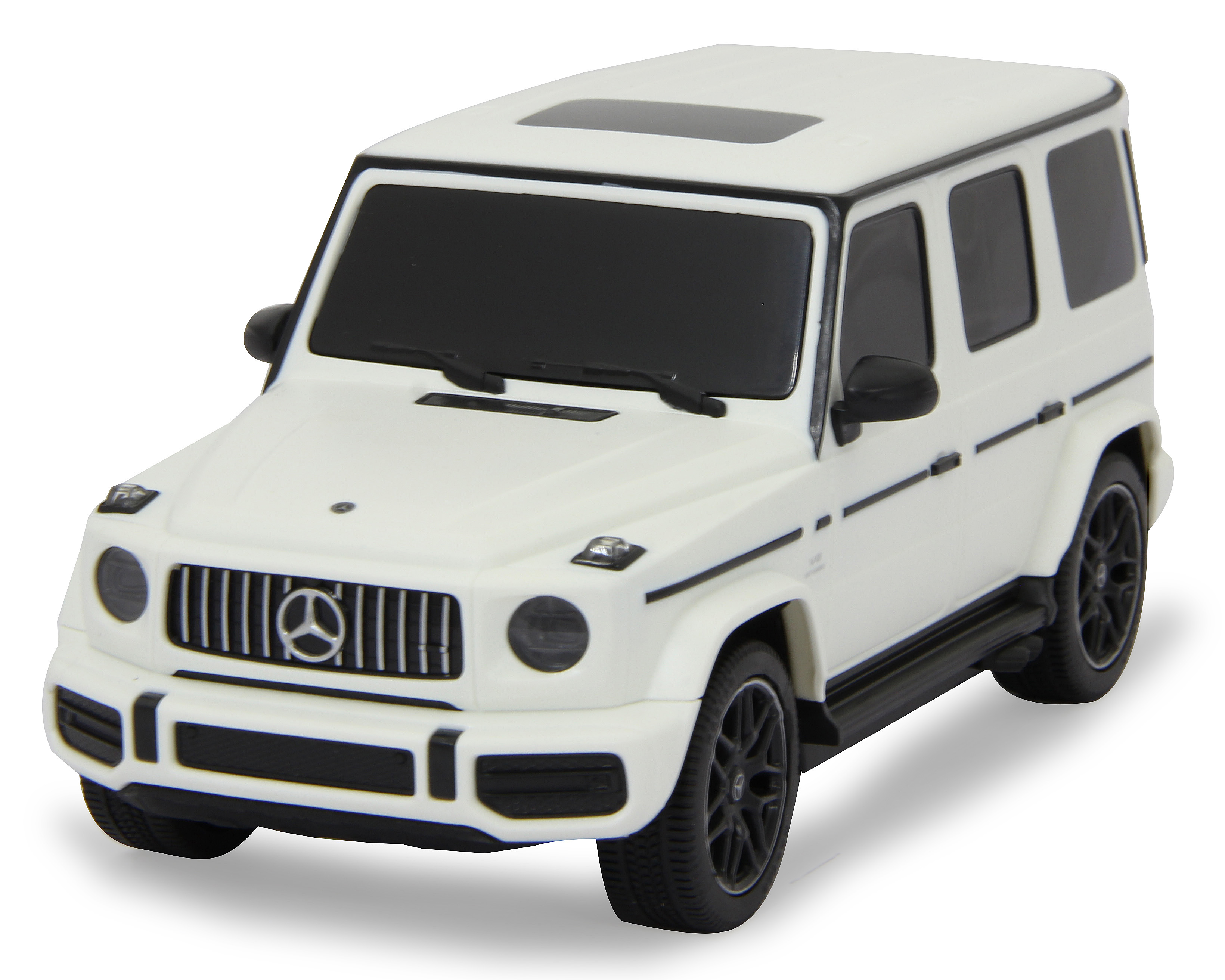 Weißes Mercedes-Benz G-Klasse Spielzeugauto mit schwarzen Rädern, schwarzen Fenstern und einem schwarzen Dach.