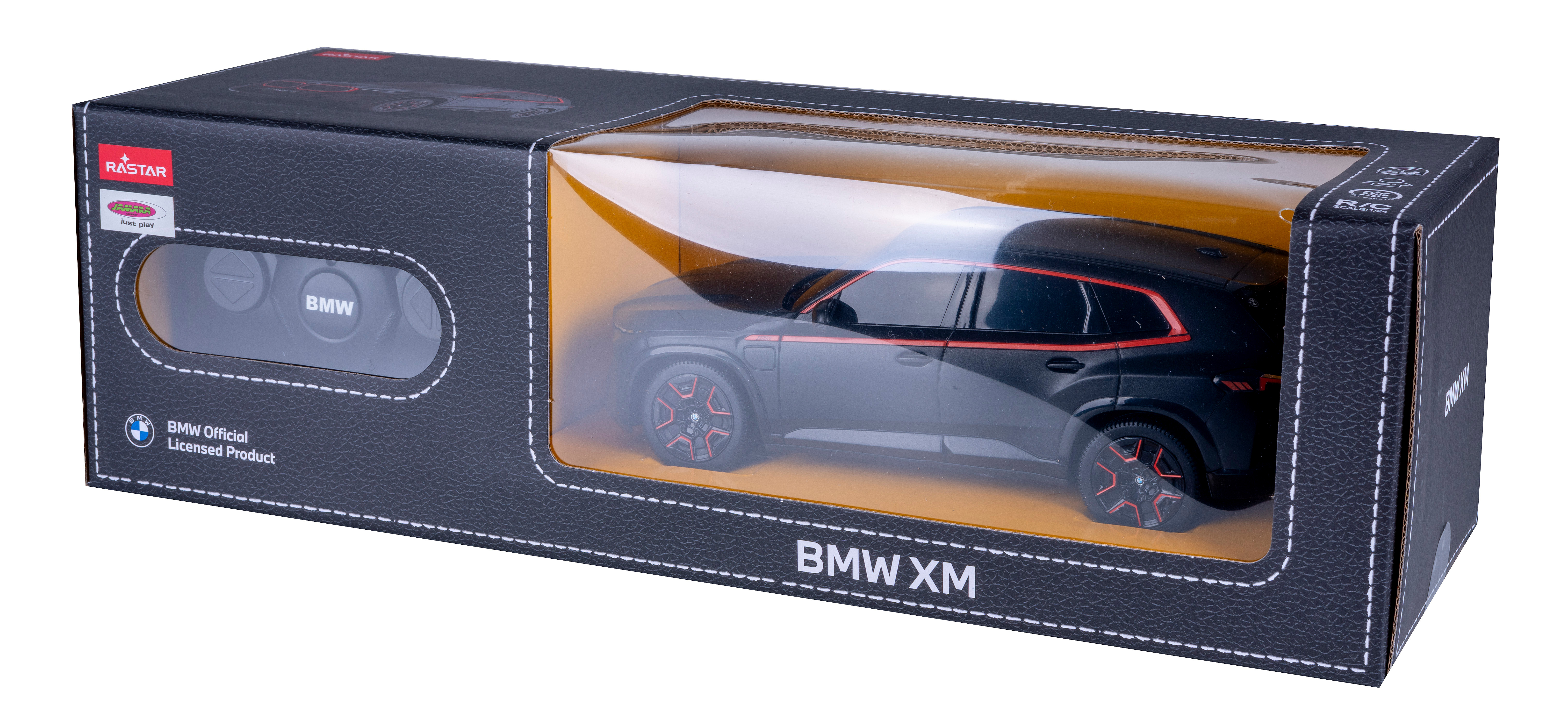 Schwarzes BMW XM Label Red Spielzeugauto in einer Verpackung. Box mit Auto und Logo.