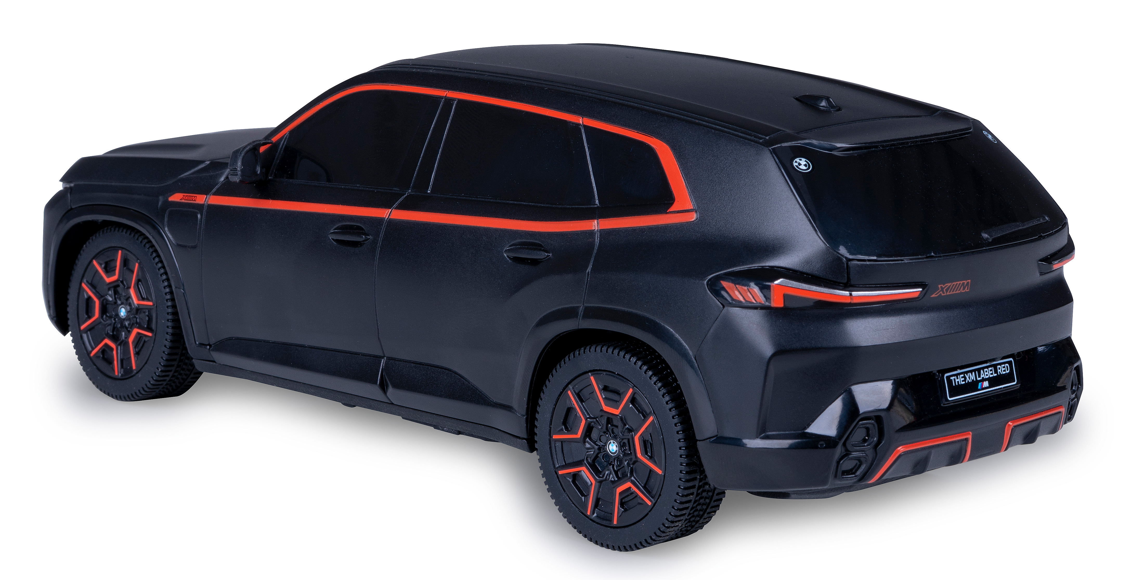 Schwarzes SUV-Spielzeug mit orangefarbenen Akzenten. Rückansicht mit Rücklichtern und Markennamen.