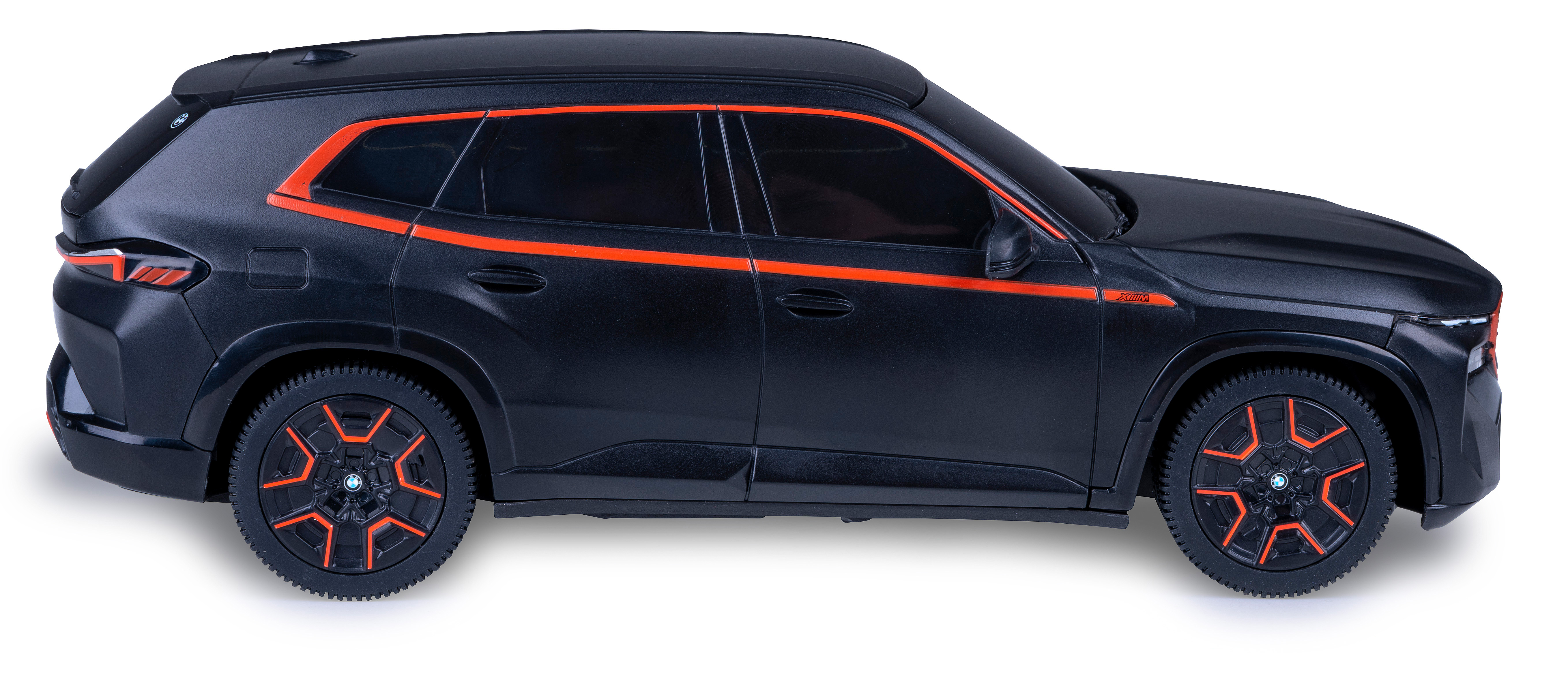 Schwarzes SUV-Spielzeug, Seitenansicht. Schwarzer Körper mit orangefarbenem Streifen und orangefarbenen Rädern.