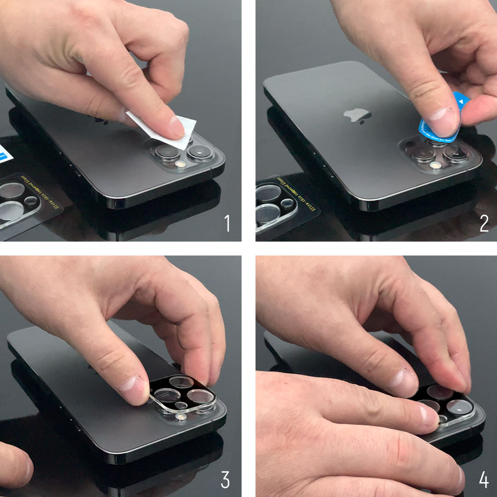 Ręce nakładające osłonę ekranu na telefon. Kroki obejmują czyszczenie, wyrównywanie i wygładzanie.