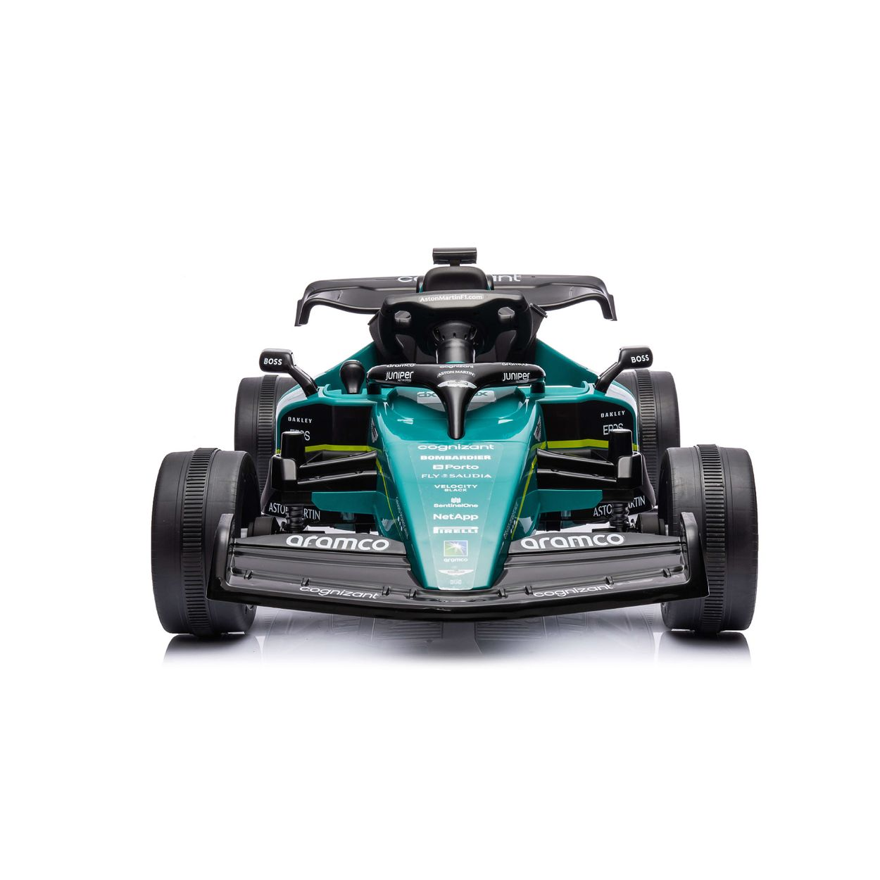 Ein grünes und schwarzes F1-Rennauto, Vorderansicht. Sponsorenlogos und das Aston Martin-Logo sind sichtbar.