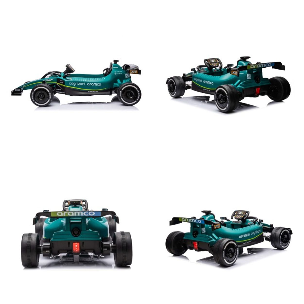 Mehrere Ansichten eines grünen Spielzeugautos im F1-Stil. Die Bilder zeigen das Spielzeug aus verschiedenen Winkeln.