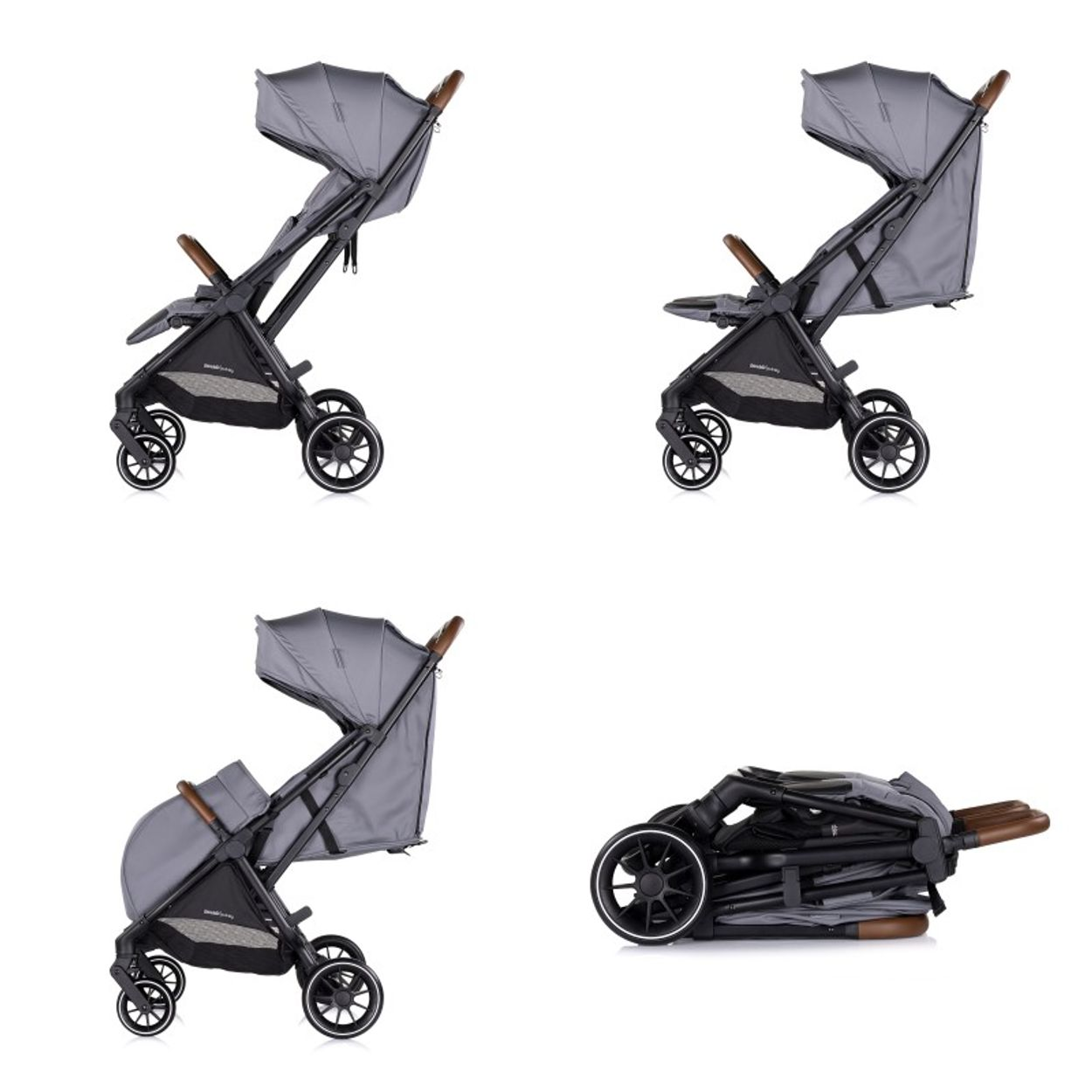Mehrere Ansichten eines grauen Kinderwagens. Die Bilder zeigen den Kinderwagen gefaltet und entfaltet.