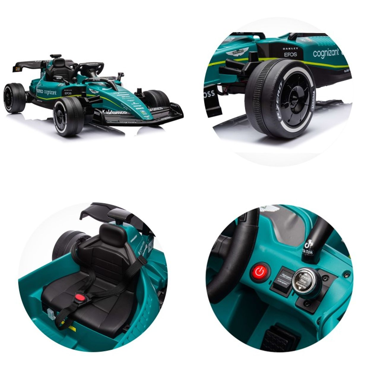 Nahaufnahmen eines grünen F1-Spielzeugautos, die sich auf Details wie Räder und Armaturenbrett konzentrieren.