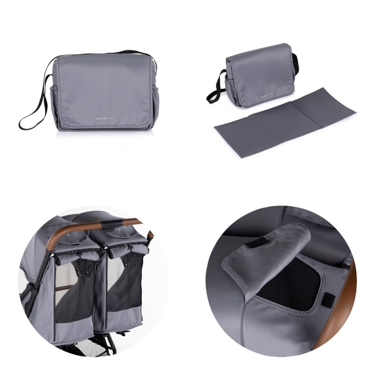 Eine Wickeltasche, eine Wickelauflage und Details des Kinderwagens. Die Tasche und die Auflage sind grau.