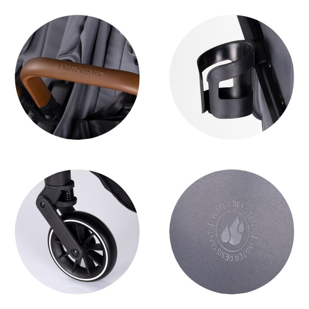 Nahaufnahmen von Details eines Kinderwagens: brauner Griff, Getränkehalter, Rad und wasserabweisender Stoff.