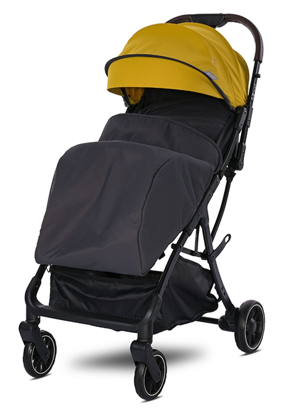Ein gelber Kinderwagen mit schwarzem Rahmen und Rädern. Er hat einen schwarzen Sitz und Korb.