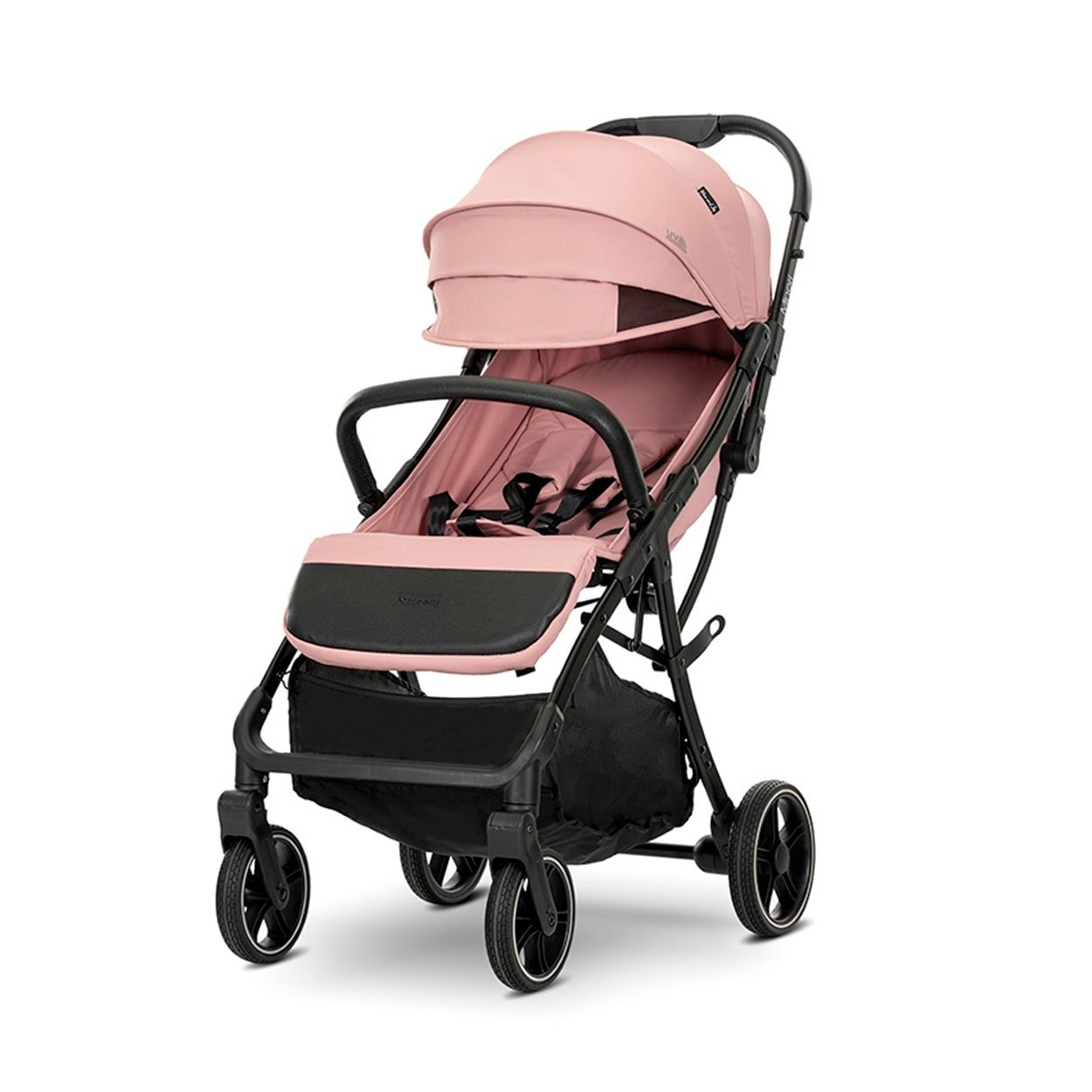 Ein rosa Kinderwagen mit schwarzem Rahmen. Er hat einen schwarzen Korb und Sitz und ein rosa Verdeck.