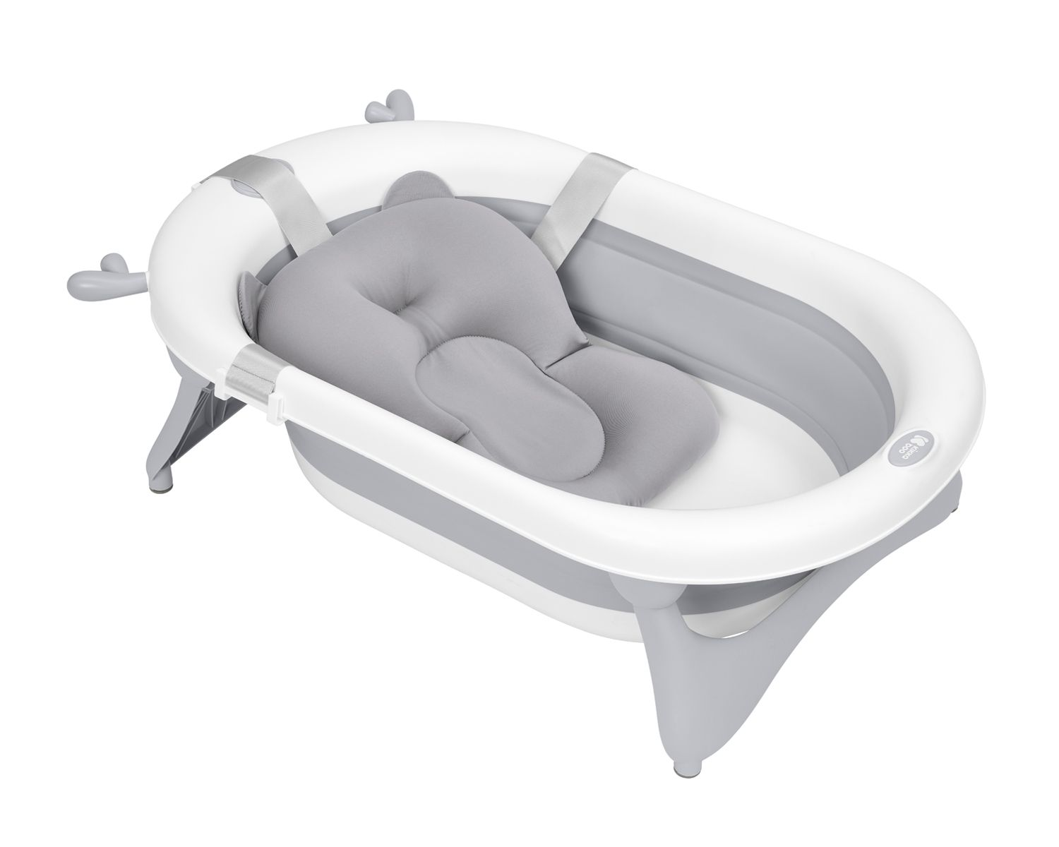 Una bañera para bebé blanca y gris con soporte gris. La bañera está abierta.