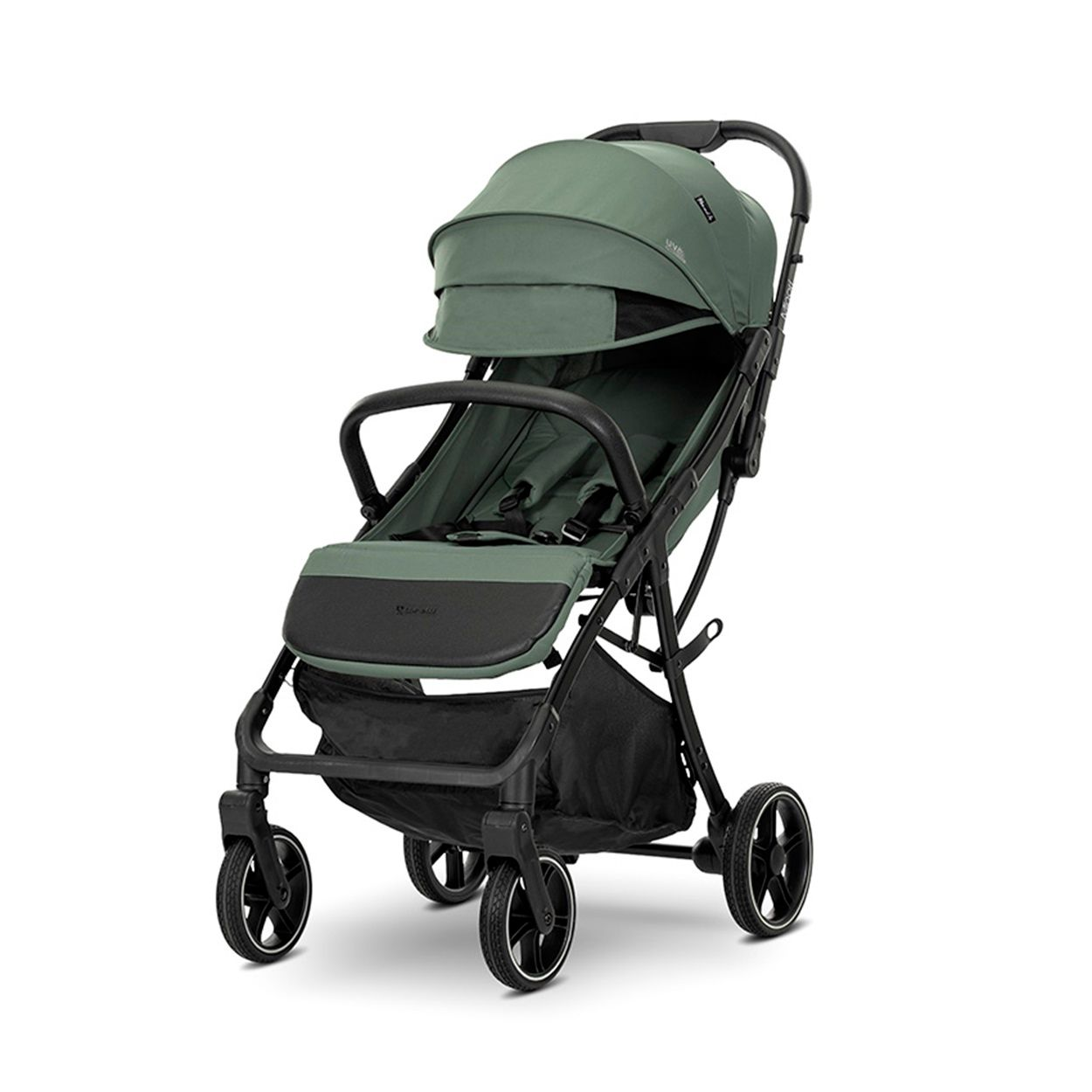 Ein grüner Kinderwagen mit schwarzem Rahmen. Er hat einen schwarzen Korb und Sitz und grünes Verdeck.