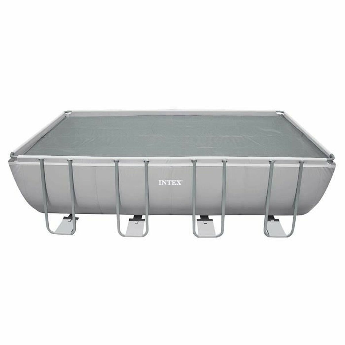 Ein rechteckiger, grauer Intex-Pool mit grauer Abdeckung. Er befindet sich auf weißem Hintergrund.