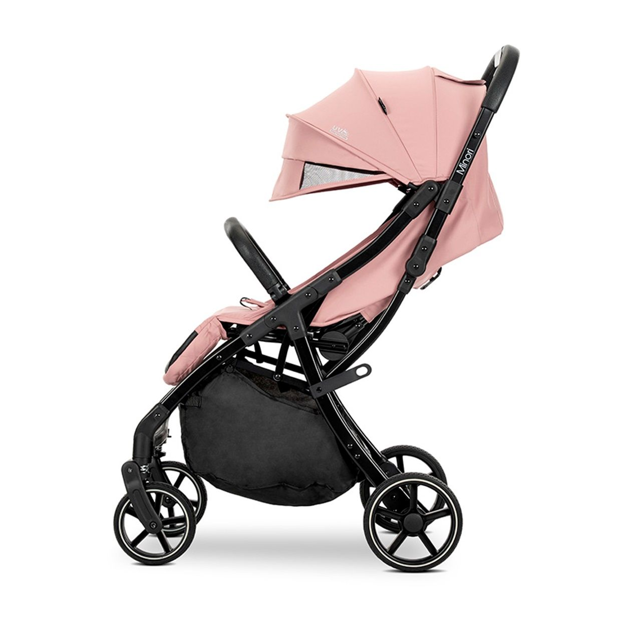 Ein Kinderwagen mit rosa Verdeck und schwarzem Rahmen. Der Sitz ist rosa und schwarz.