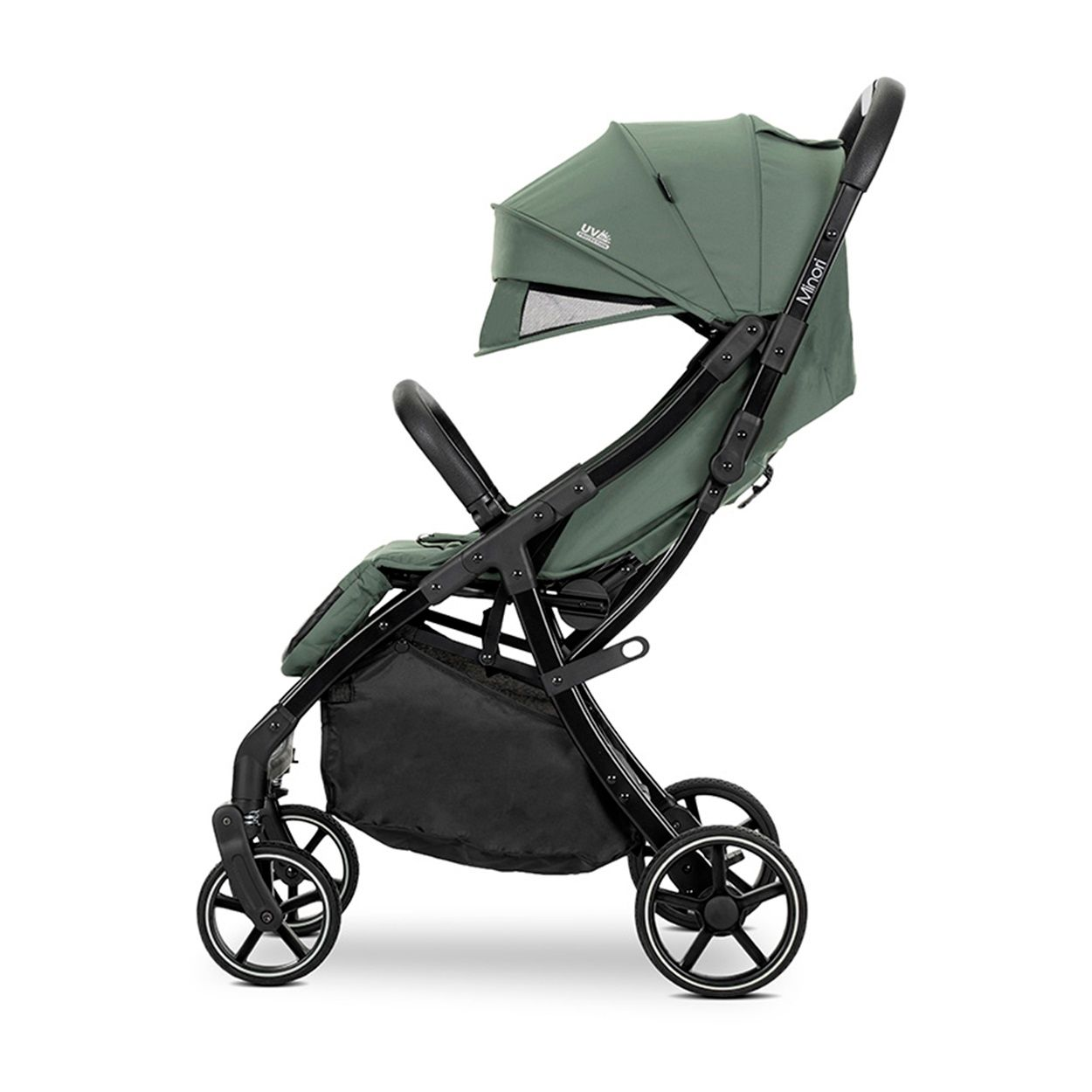Ein grüner Kinderwagen mit schwarzem Rahmen und Verdeck. Der Sitz ist grün.