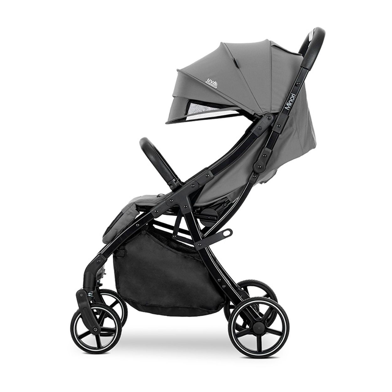 Ein grauer Kinderwagen mit schwarzem Rahmen und Verdeck. Der Sitz ist grau.
