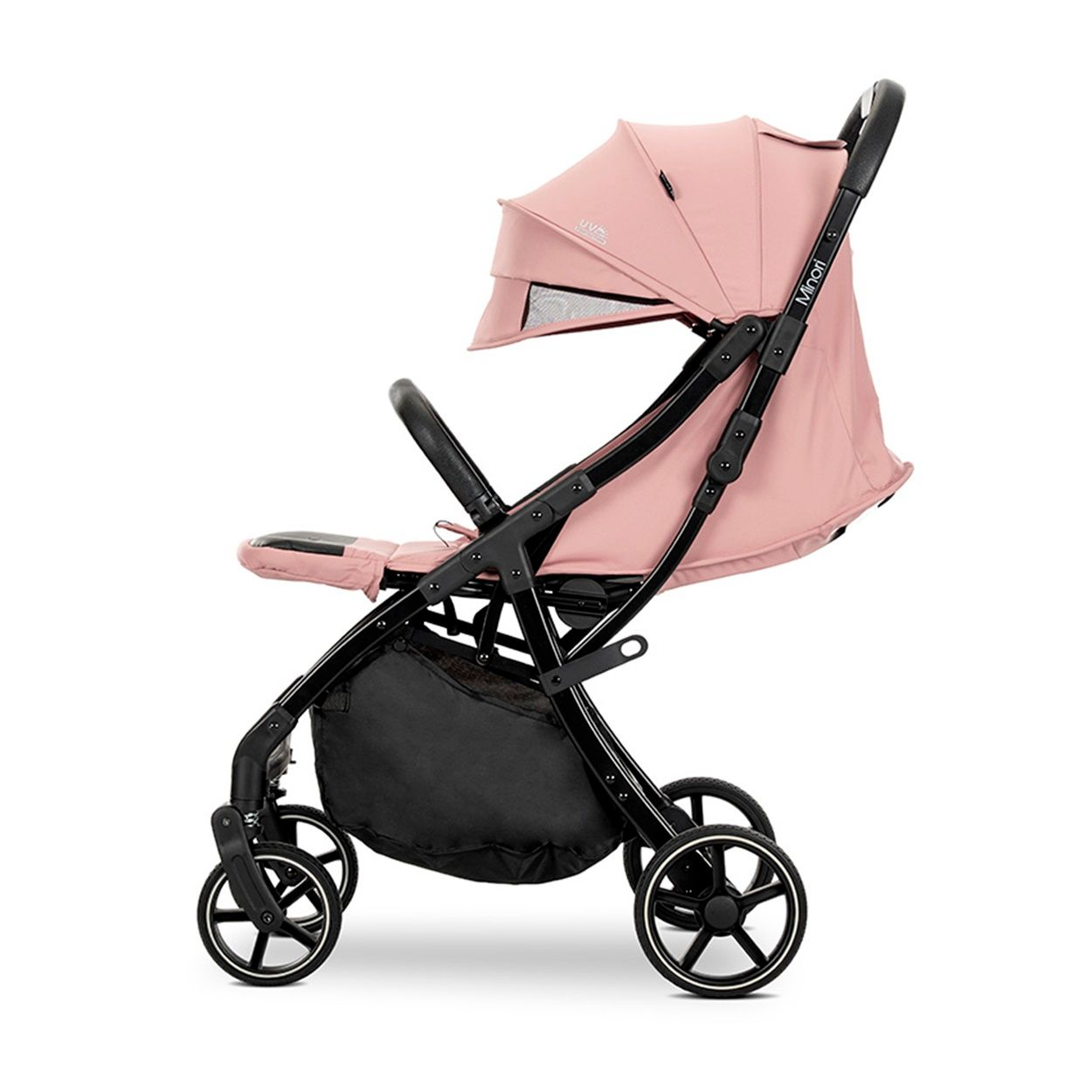 Ein rosa Kinderwagen mit schwarzem Rahmen und Verdeck. Der Sitz ist rosa und schwarz.