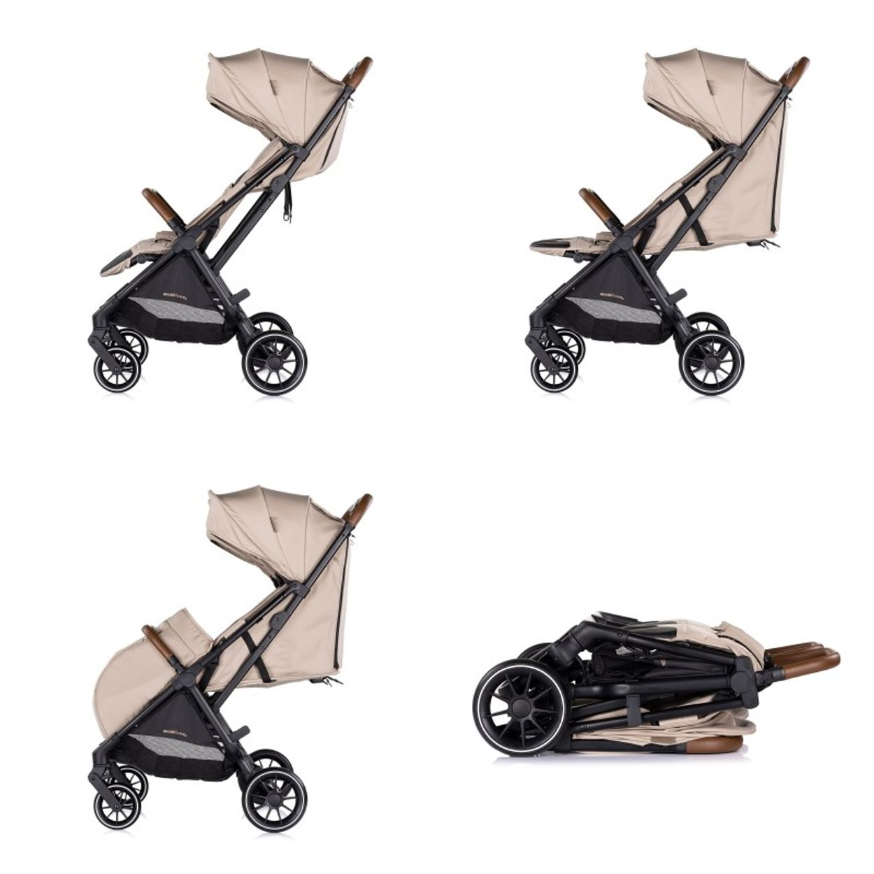 Vier Ansichten eines beigen Kinderwagens, die verschiedene Positionen zeigen, von aufrecht bis zusammengeklappt.