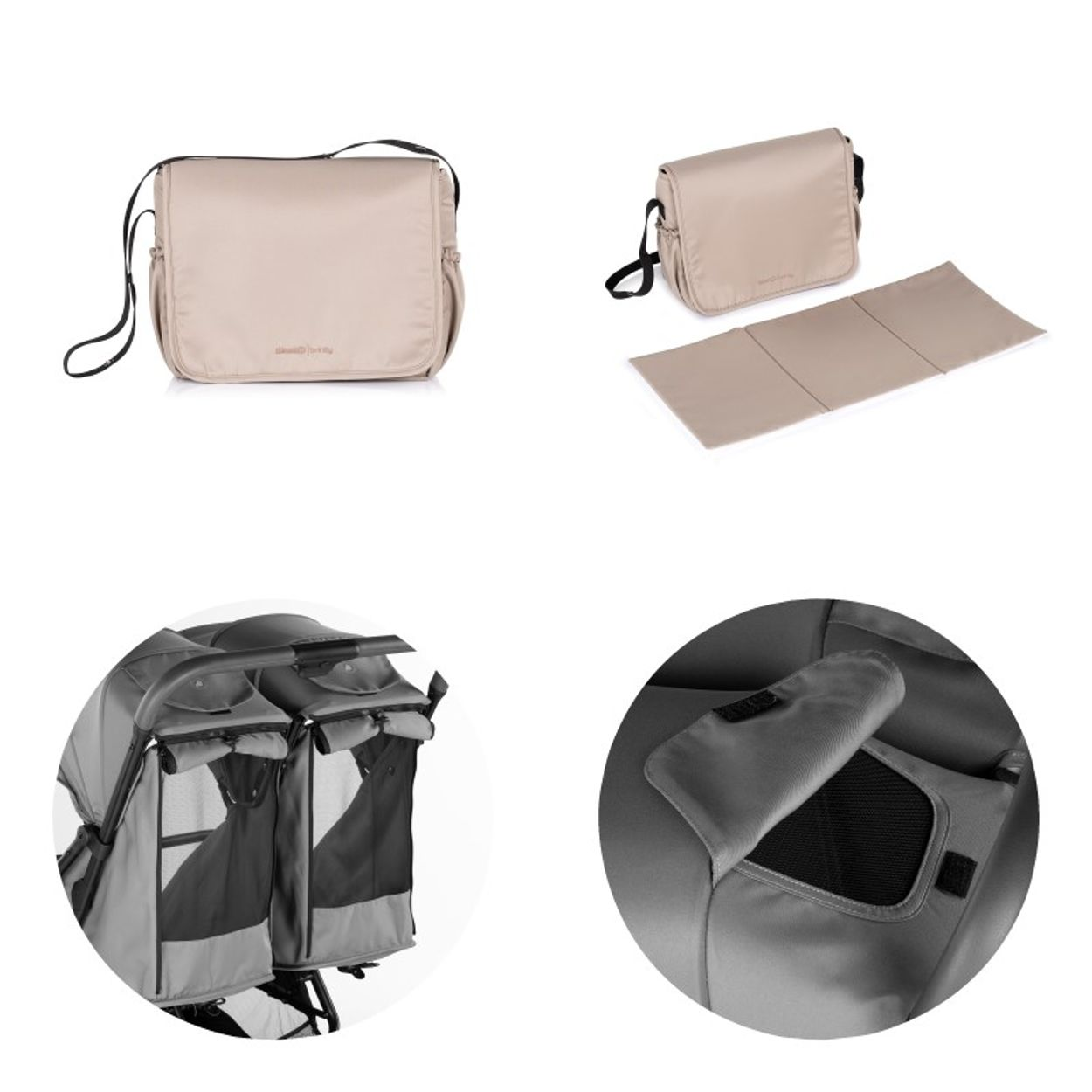 Mehrere Ansichten einer beigen Wickeltasche und einer Wickelunterlage sowie Details eines Kinderwagens.