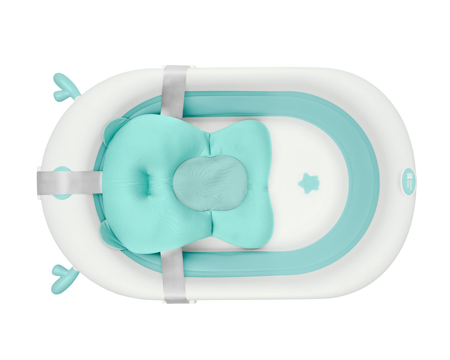 Una bañera para bebés con un soporte de baño en forma de oso turquesa y correas.