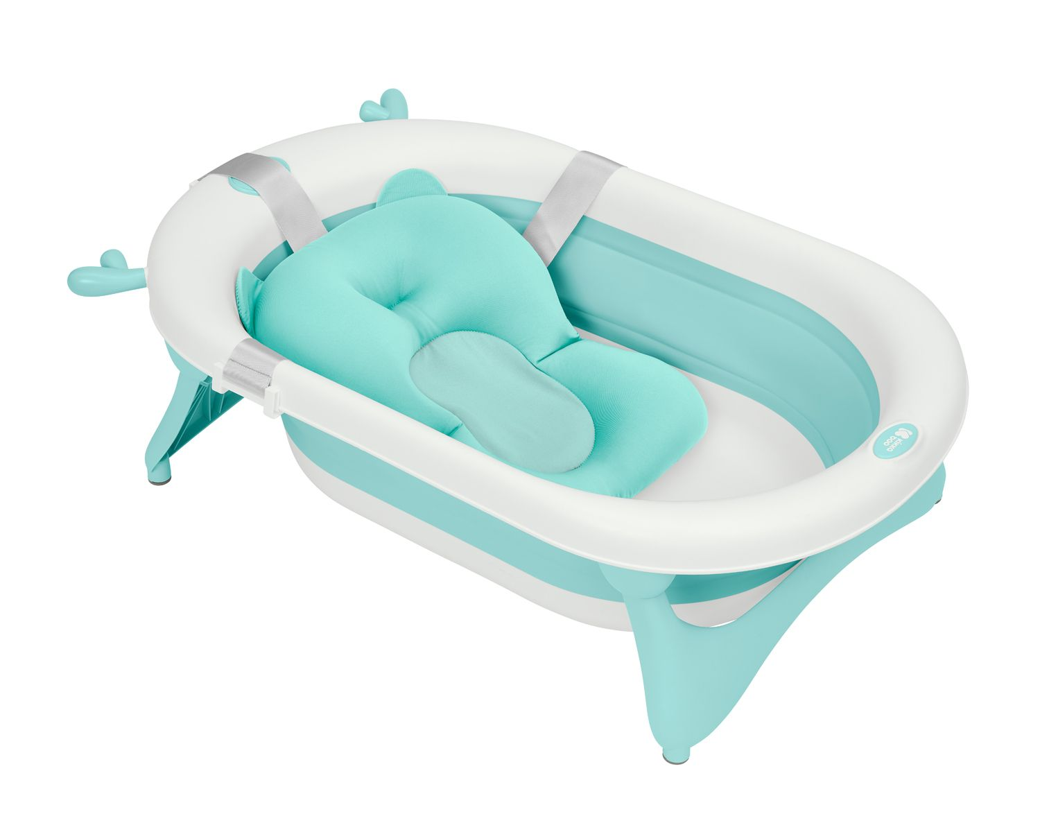 Una bañera para bebés con un soporte de baño en forma de oso turquesa y correas.