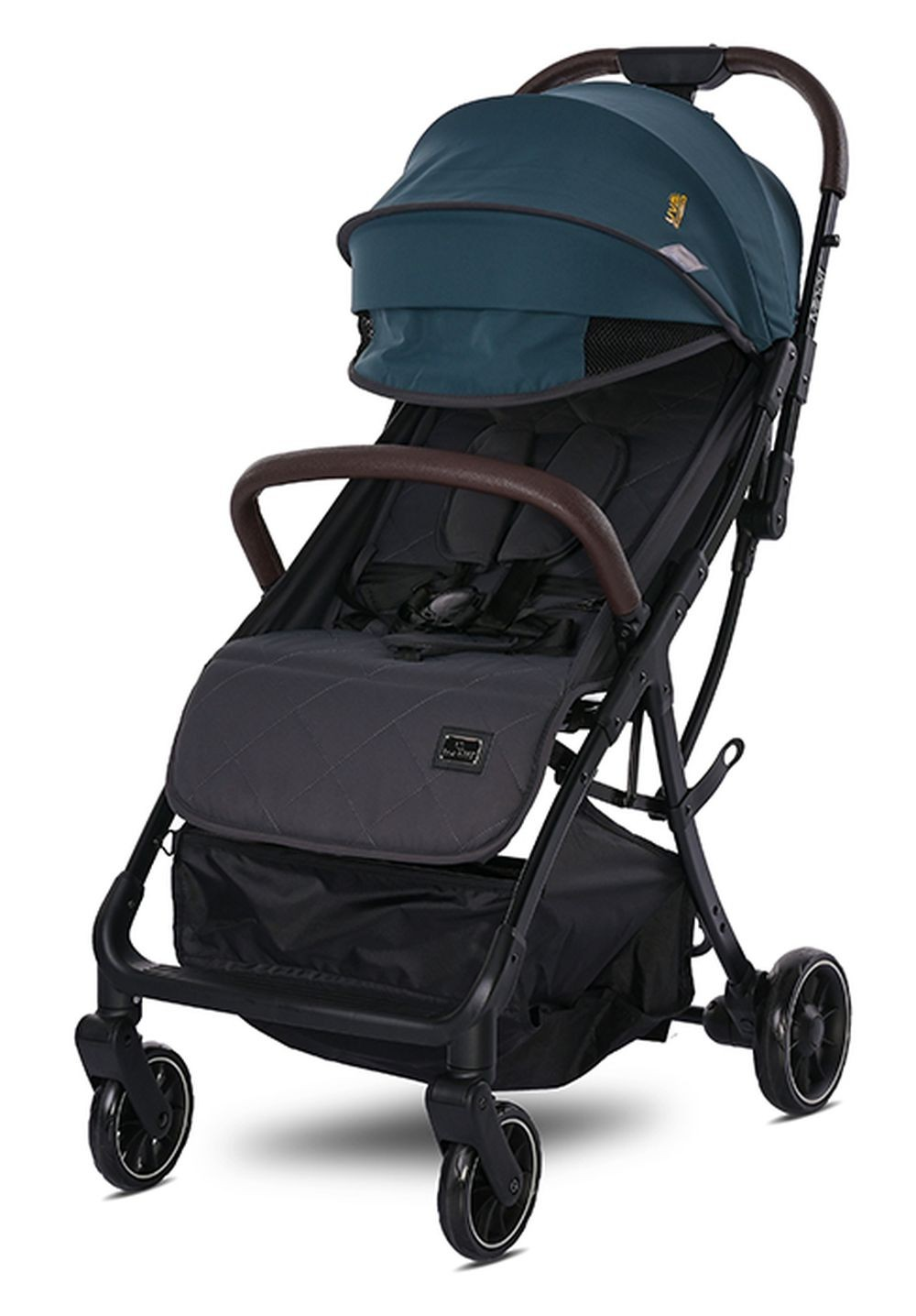 Ein schwarzer Kinderwagen mit dunkelgrünem Verdeck und schwarzem Aufbewahrungskorb.