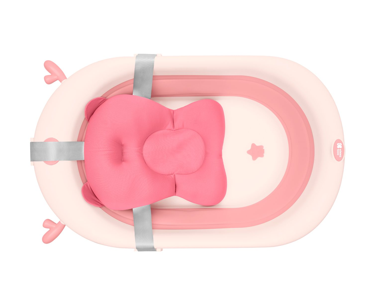 Rosa Babybadewanne mit rosa Badewannenkissen. Es ist zusammengeklappt und hat ein Bärenkopf-Design.