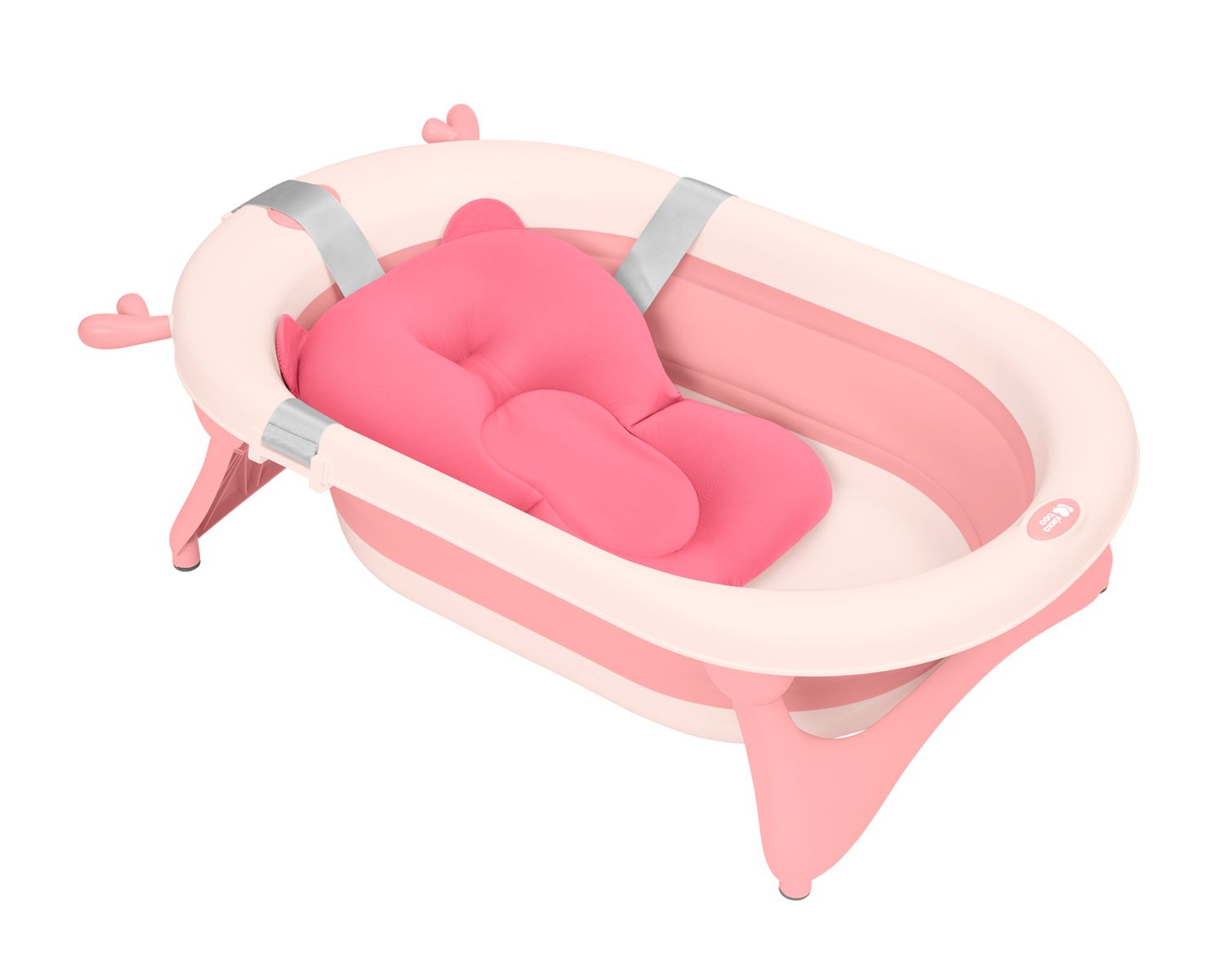 Rosa Babybadewanne in geöffneter Position mit rosa Badewannenkissen. Es hat ein Bärenkopf-Design.