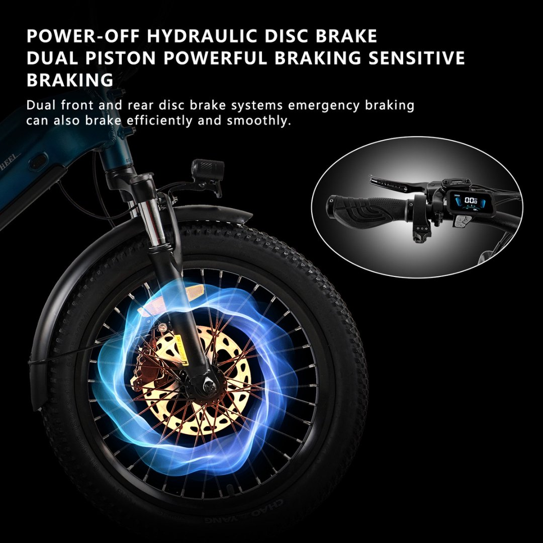 Zbliżenie czarnej opony rowerowej z niebieskimi światłami hamowania i tekstem o hamulcach.