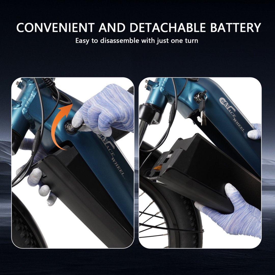 Osoba wyjmująca baterię roweru z tekstem o odłączanej baterii.