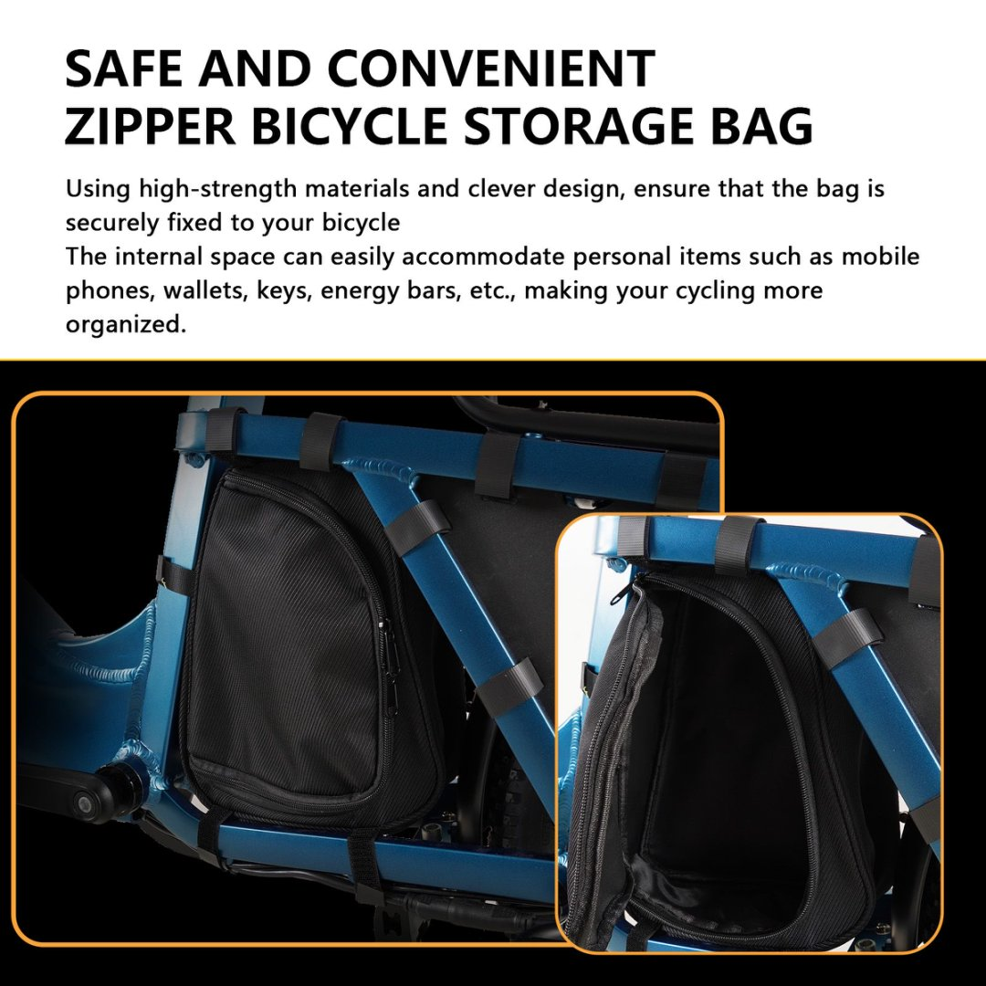 Niebieska rama roweru z dołączonymi czarnymi torbami do przechowywania. Tekst: Bezpieczna i wygodna torba do przechowywania na rower z zamkiem błyskawicznym.