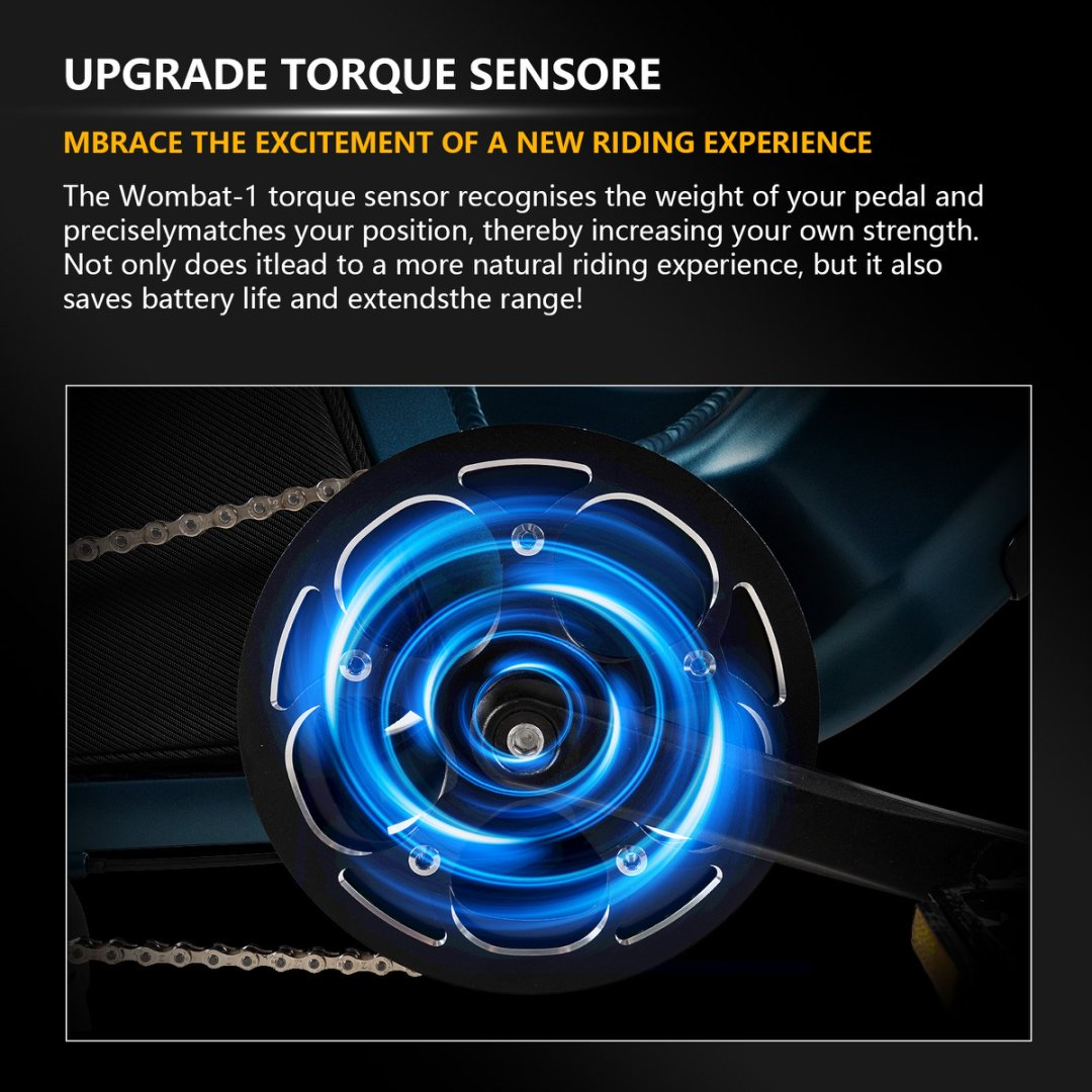 Koło rowerowe z niebieskim świecącym czujnikiem. Tekst: Ulepsz czujnik momentu obrotowego. Poczuj emocje nowej jazdy.