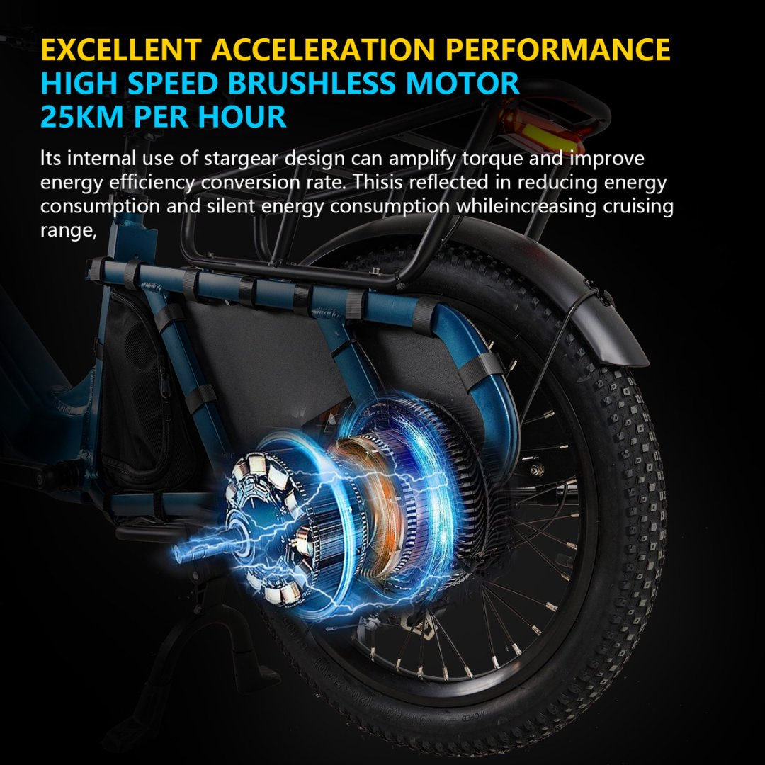 Koło rowerowe ze szczegółami silnika. Tekst: Doskonałe przyspieszenie. Duża prędkość. Silnik bezszczotkowy. 25 km na godzinę.