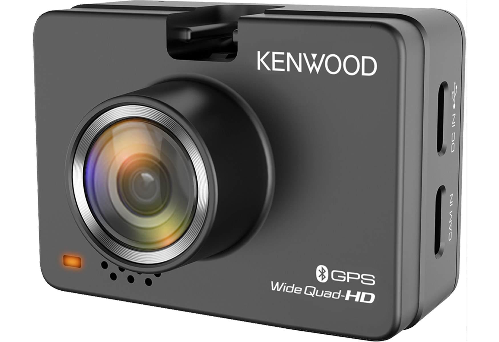 Schwarze Dashcam mit Kenwood-Logo, Objektiv und Lichtern. Verfügt über GPS und Wide Quad-HD. Seitliche Anschlüsse sichtbar.