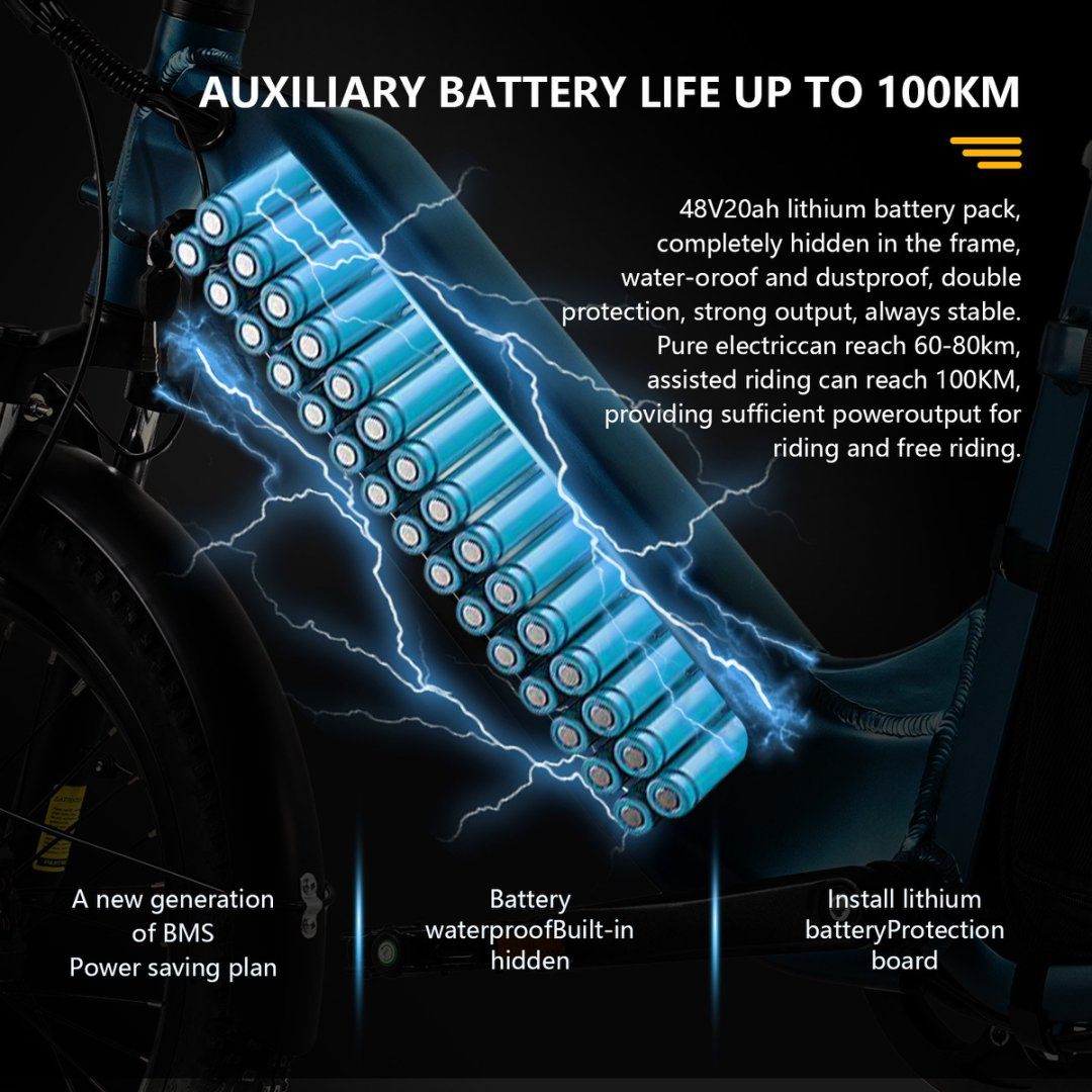 Niebieska rama roweru z serią baterii, tekst: Żywotność baterii pomocniczej do 100 km.
