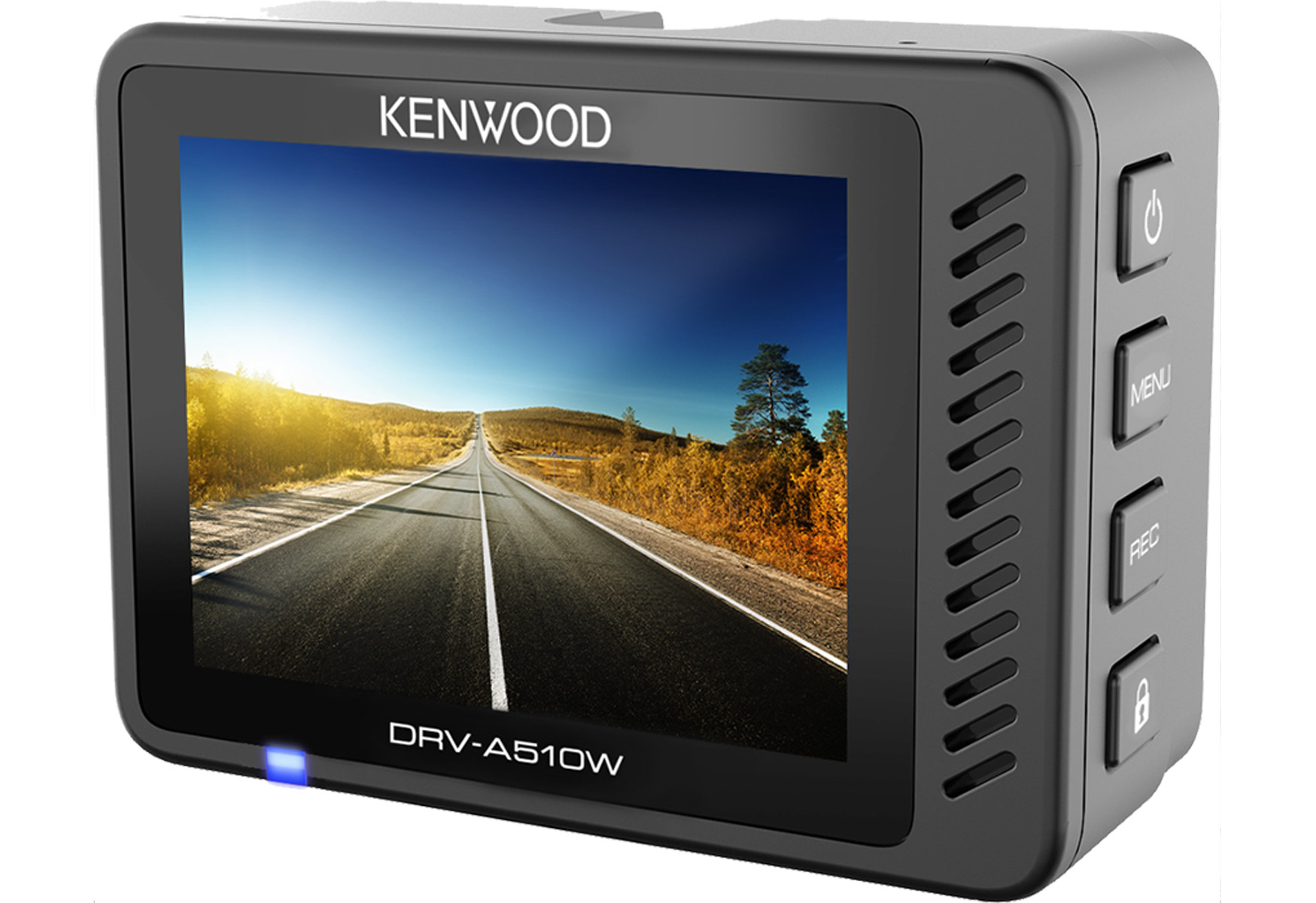 Schwarze Dashcam mit Kenwood-Logo. Zeigt die Straßenansicht auf dem Bildschirm an. Tasten auf der rechten Seite.
