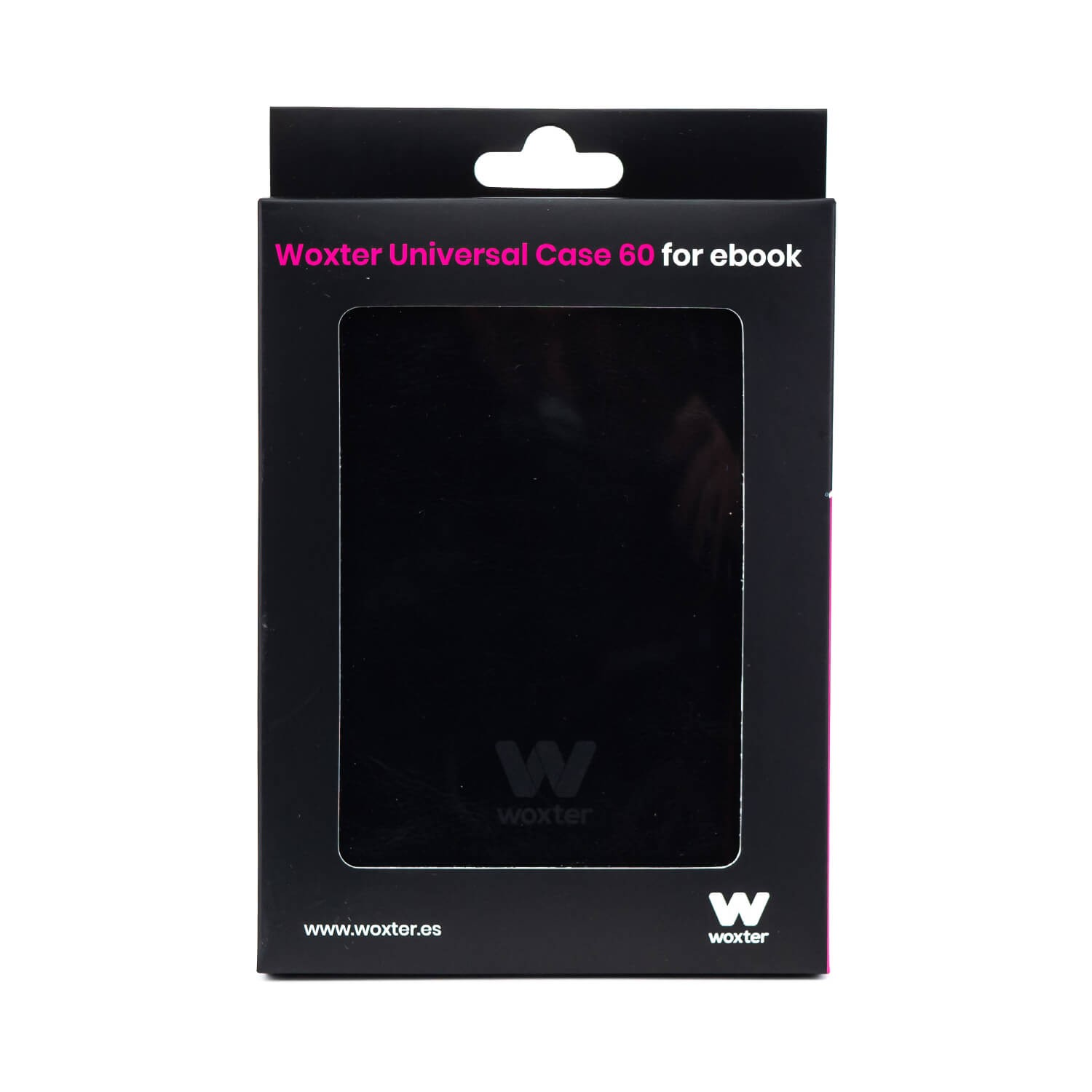 Czarne pudełko z czarnym etui na ebook w środku, z nazwą marki i adresem strony internetowej.