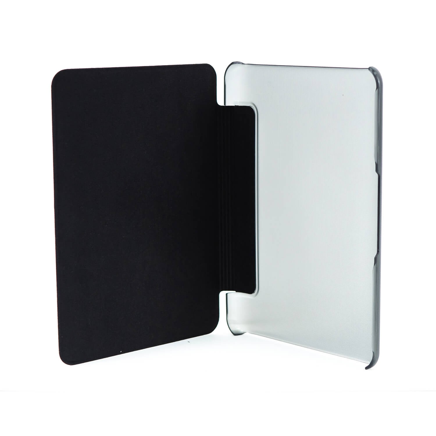 Czarne etui na ebook, otwarte, pokazujące białe wnętrze, odizolowane na białym tle.