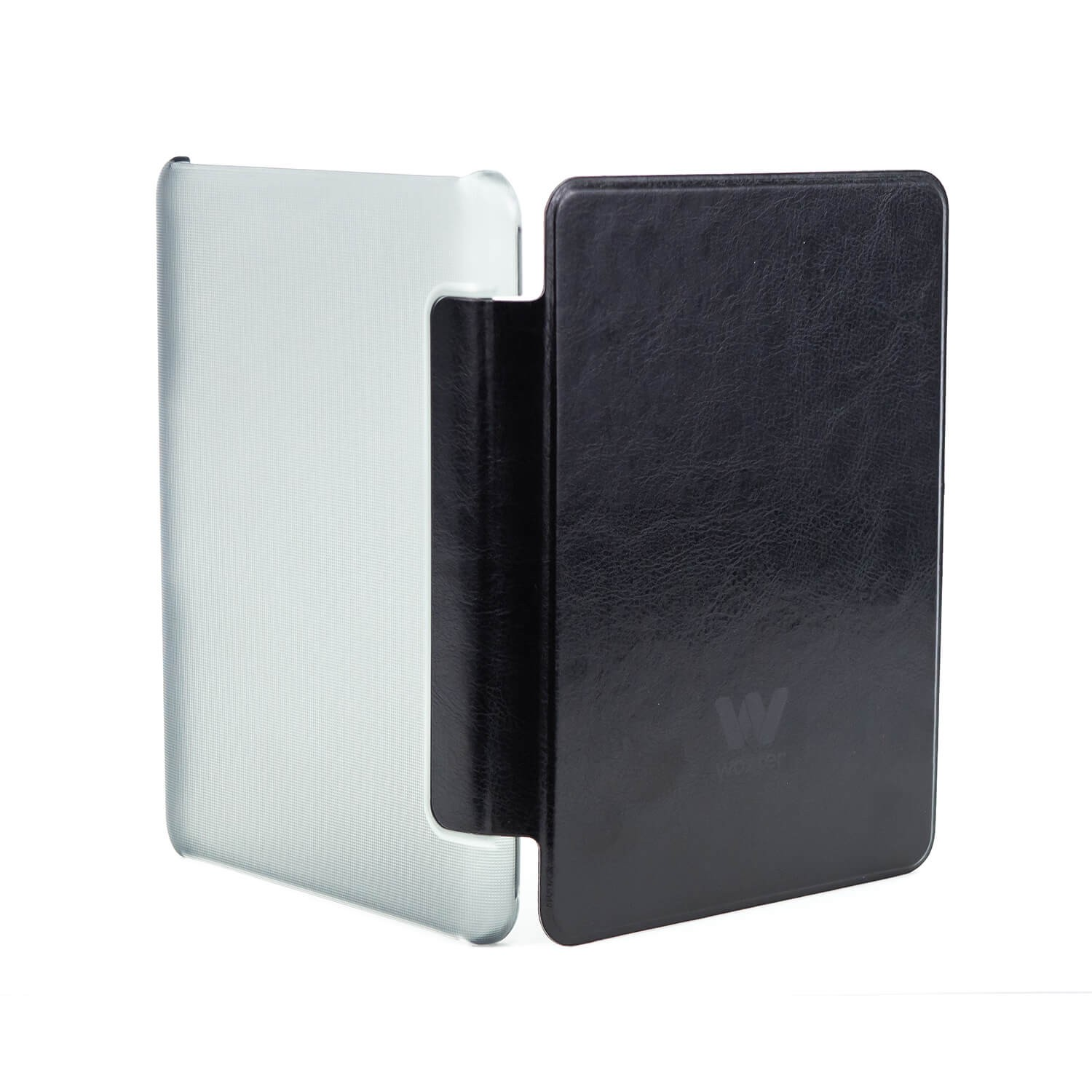 Czarne etui na ebook, otwarte, pokazujące białe wnętrze, wyizolowane na białym tle.