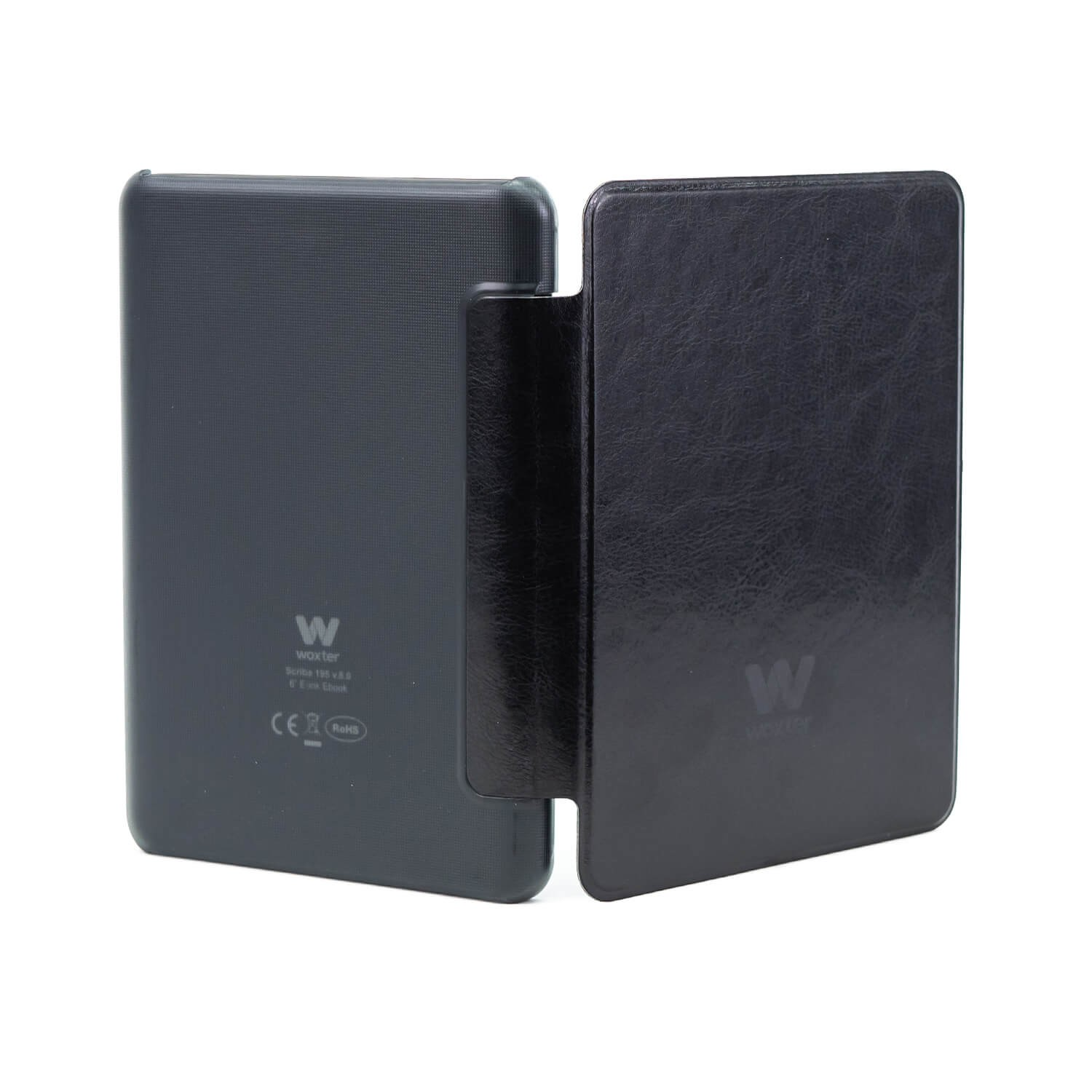 Czarny czytnik e-booków z czarną okładką, otwarty, pokazujący tył czytnika i logo marki.