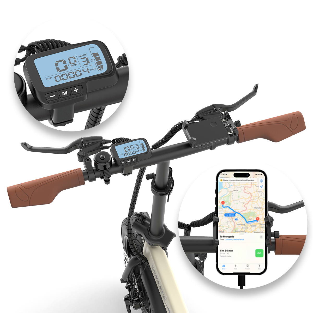 Zbliżenie kierownicy roweru z wyświetlaczem, telefonem i kontrolkami. Brązowe uchwyty i czarna rama.