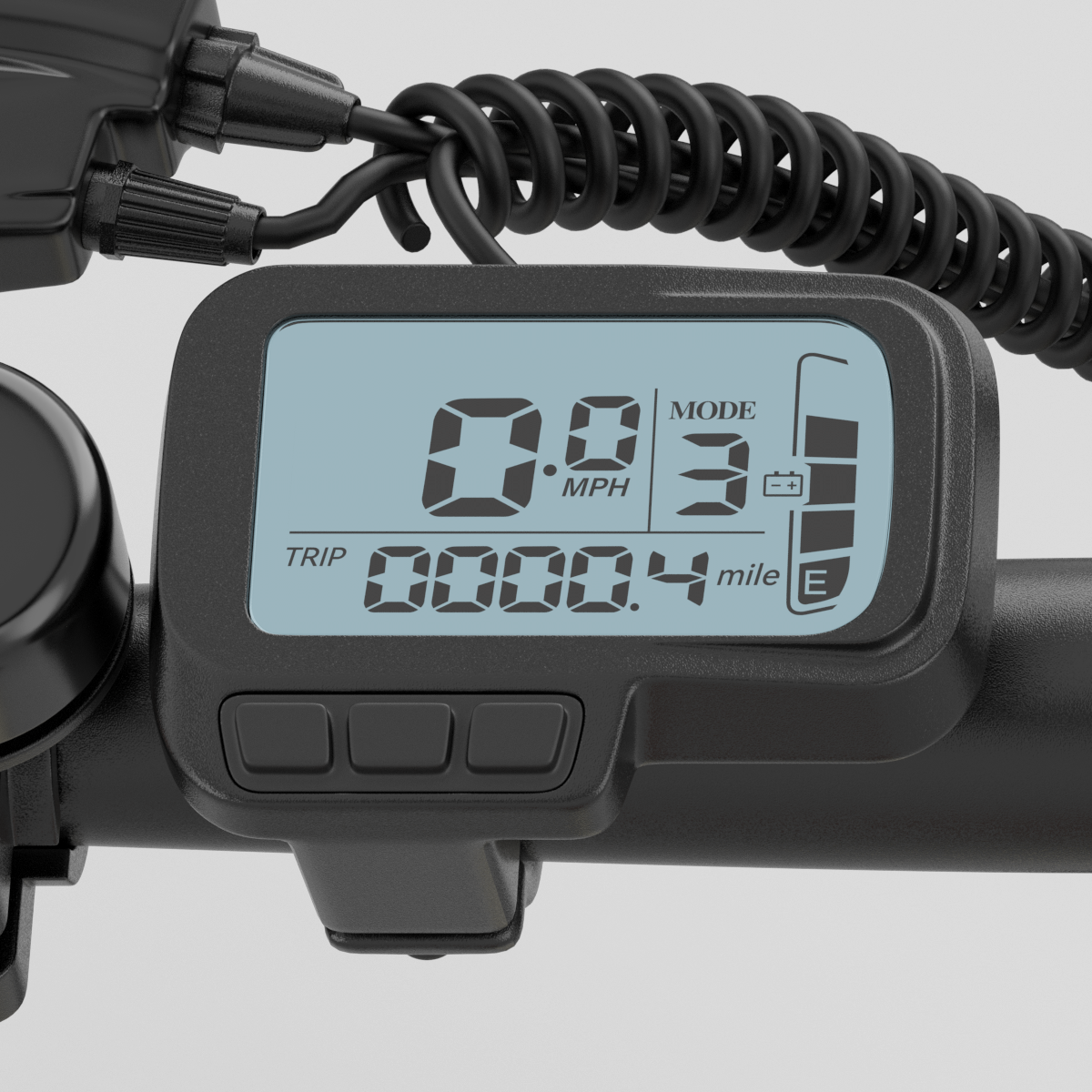 Zbliżenie cyfrowego wyświetlacza roweru. Pokazuje prędkość, tryb, podróż i baterię. Czarny i niebieski.