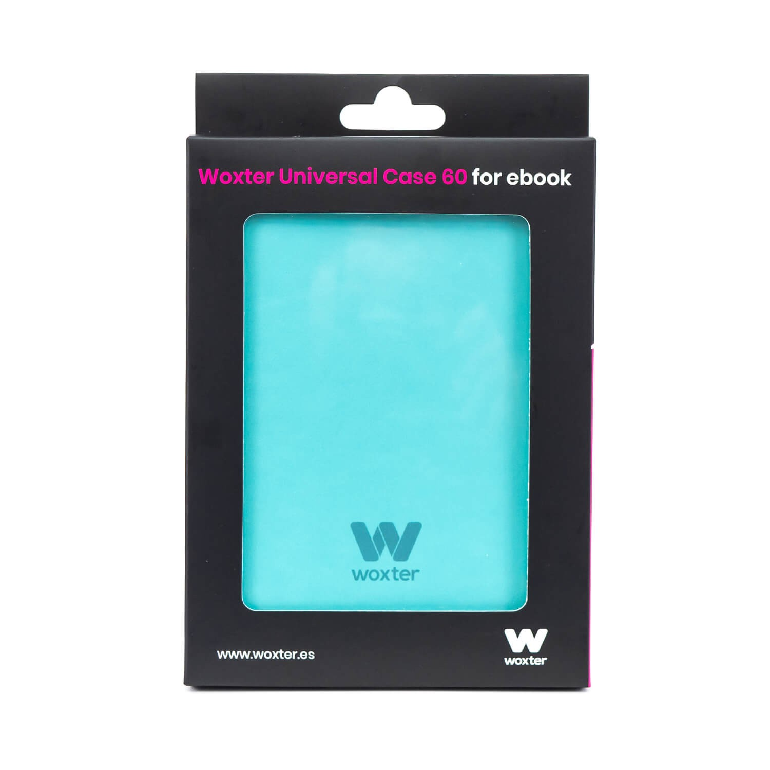Czarne pudełko z etui Woxter Universal Case 60 do ebooka. Etui jest jasnoniebieskie.