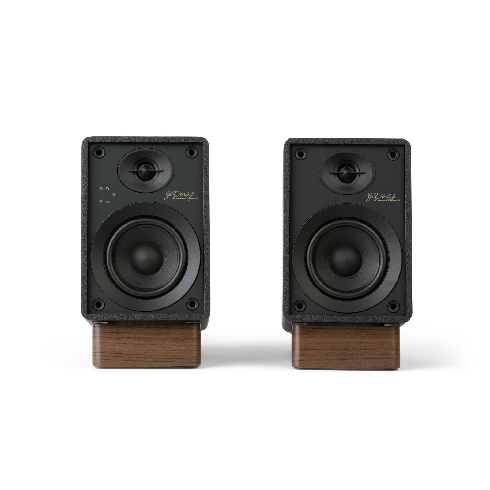 Due altoparlanti neri con supporti in legno, woofer centrale e tweeter. Il nome del marchio è dorato.