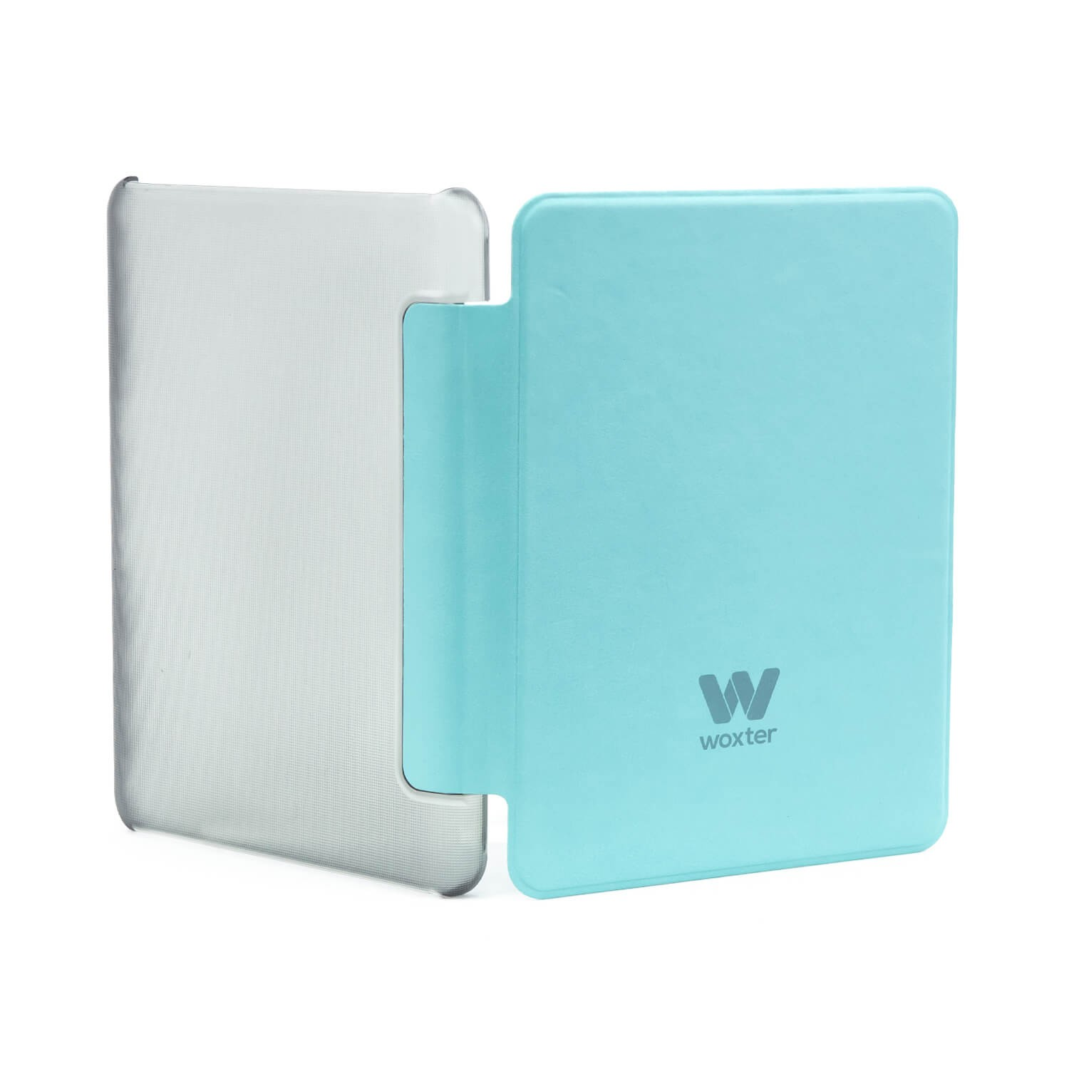 Otwarty turkusowy futerał na tablet, pokazujący wnętrze. Lewa strona jest srebrna, a prawa turkusowa.