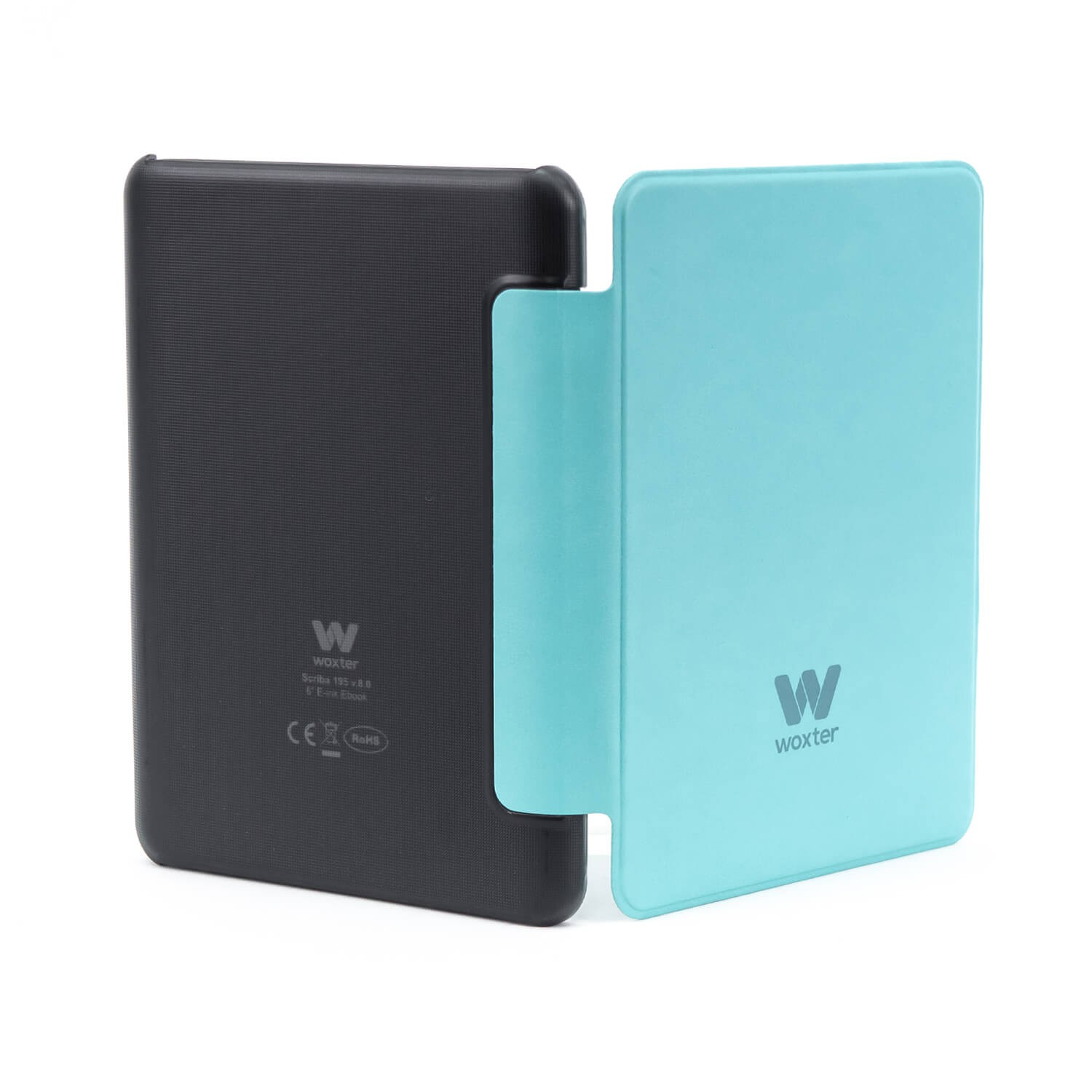 Czarny futerał na tablet z turkusową okładką jest otwarty. Czarna strona ma logo i tekst. Białe tło.